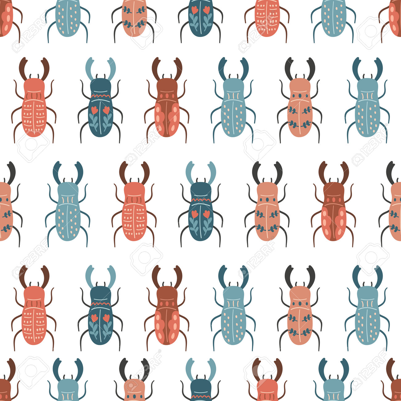 Vector seamless pattern with stylized stag beetles in folk style. Hand drawn insects on white background. Doodle illustration. - 166612302 Vector seamless pattern with stylized stag beetles in folk style. Hand drawn insects on white background. Doodle illustration. - 166612302