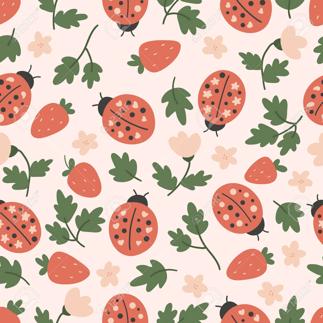 Hand drawn seamless pattern with ladybug and strawberry. Vector doodle plants and flowers. Stylized insects. - 166612311 Hand drawn seamless pattern with ladybug and strawberry. Vector doodle plants and flowers. Stylized insects. - 166612311