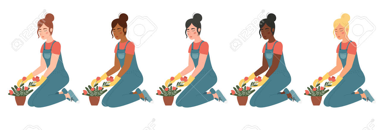 Vector set of women are engaged in gardening. Different skin and hair colors. Cartoon characters isolated on white background. Girls are planting flowers in pots. - 166585515 Vector set of women are engaged in gardening. Different skin and hair colors. Cartoon characters isolated on white background. Girls are planting flowers in pots. - 166585515