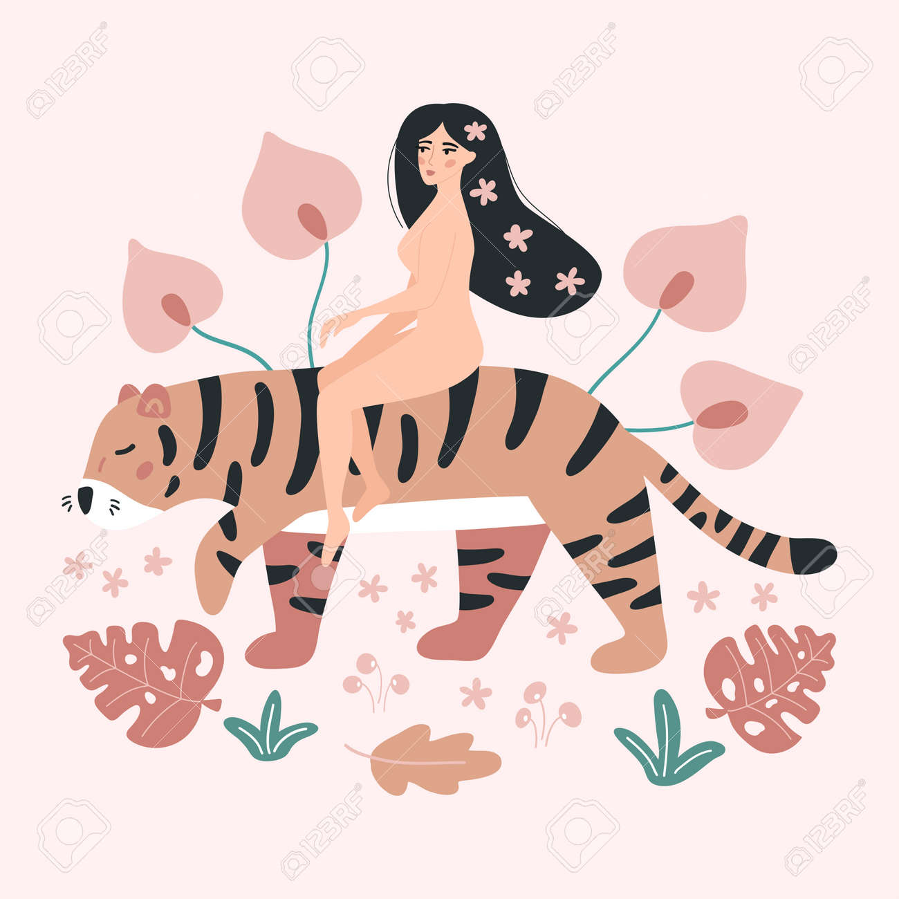 Young woman riding a tiger. Hand drawn abstract tropical flowers and leaves. Wild animals and people. Vector illustration. - 169086785 Young woman riding a tiger. Hand drawn abstract tropical flowers and leaves. Wild animals and people. Vector illustration. - 169086785