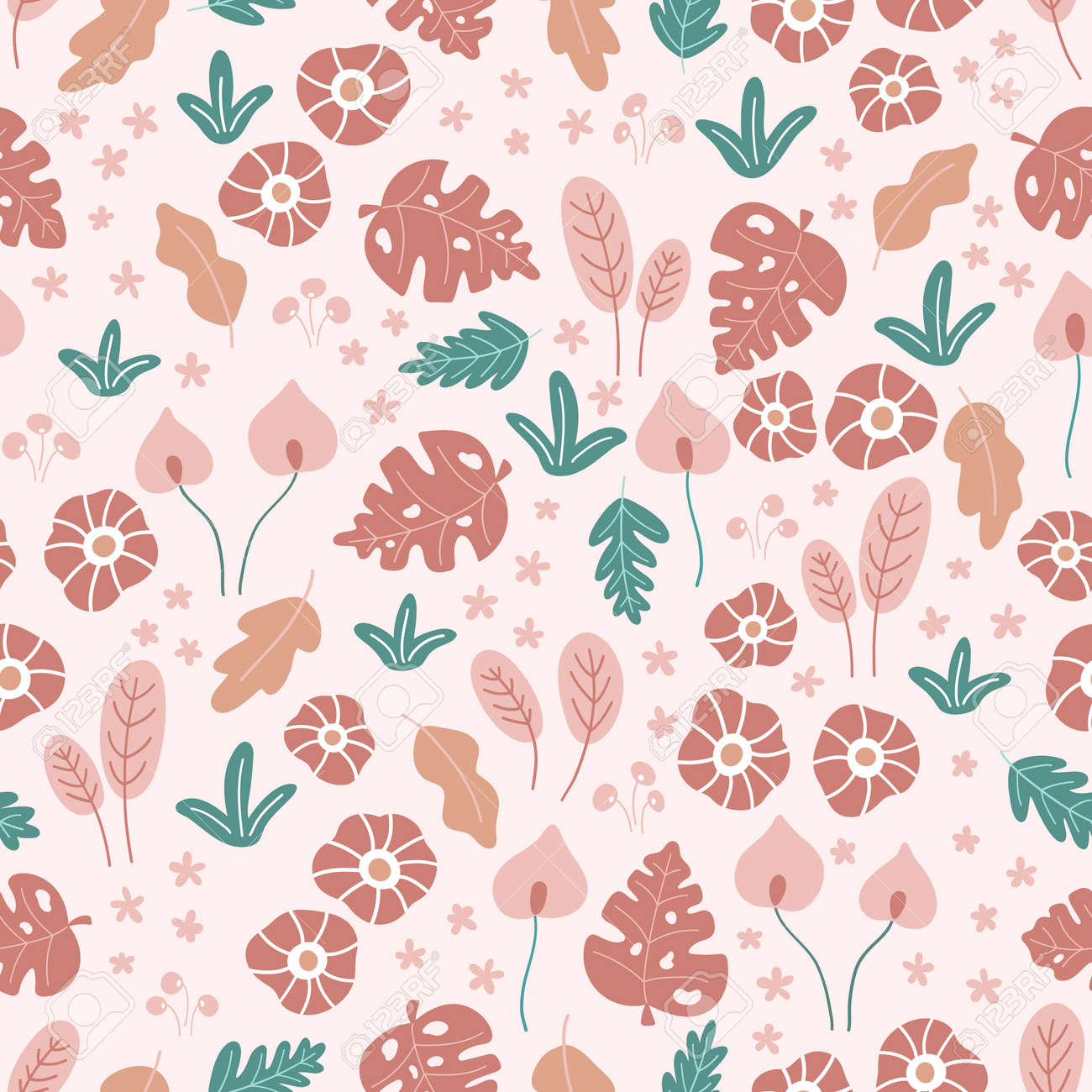 Floral seamless pattern with doodle flowers and leaves on pink background. Tropical hand drawn plants. Vector illustration. - 169086789 Floral seamless pattern with doodle flowers and leaves on pink background. Tropical hand drawn plants. Vector illustration. - 169086789