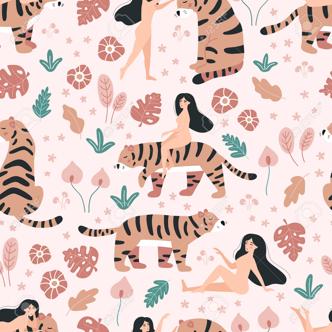 Vector seamless pattern with beauty women and tigers. Doodle tropical flowers on pink background. Wild jungle animals. - 169087087 Vector seamless pattern with beauty women and tigers. Doodle tropical flowers on pink background. Wild jungle animals. - 169087087