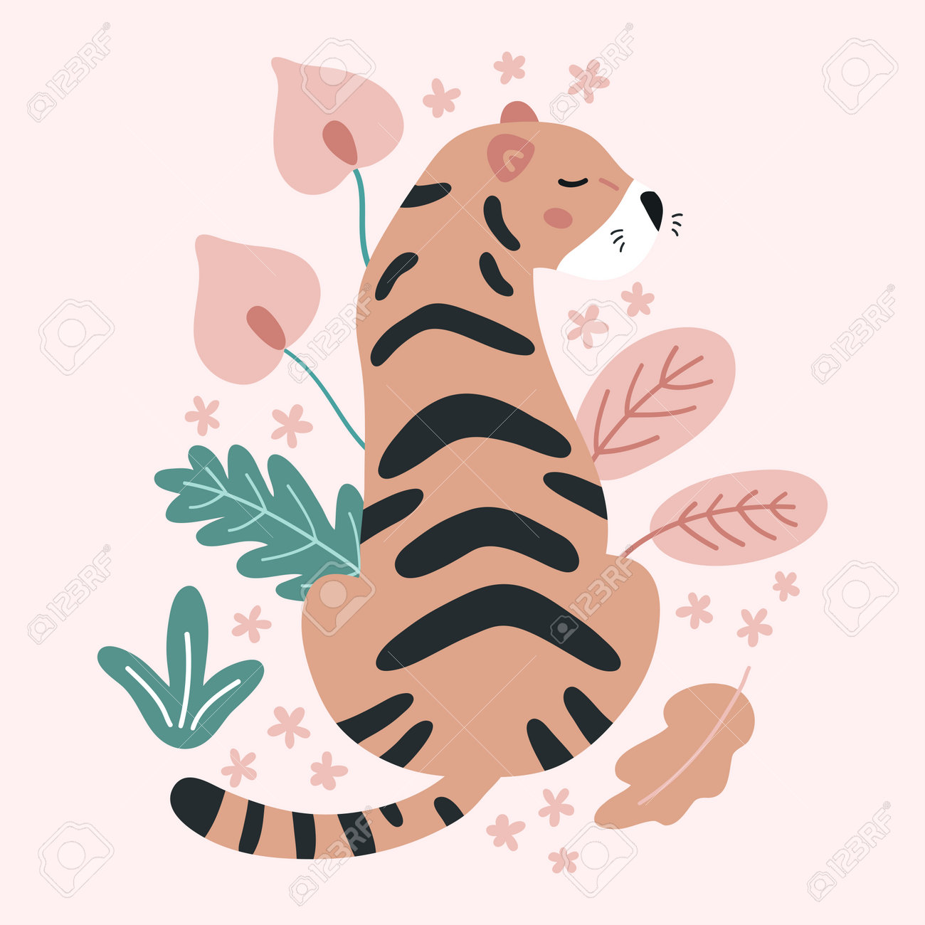 Hand drawn tiger with tropical flowers and leaves on pink background. Doodle abstract plants. Jungle vector illustration. - 169087092 Hand drawn tiger with tropical flowers and leaves on pink background. Doodle abstract plants. Jungle vector illustration. - 169087092