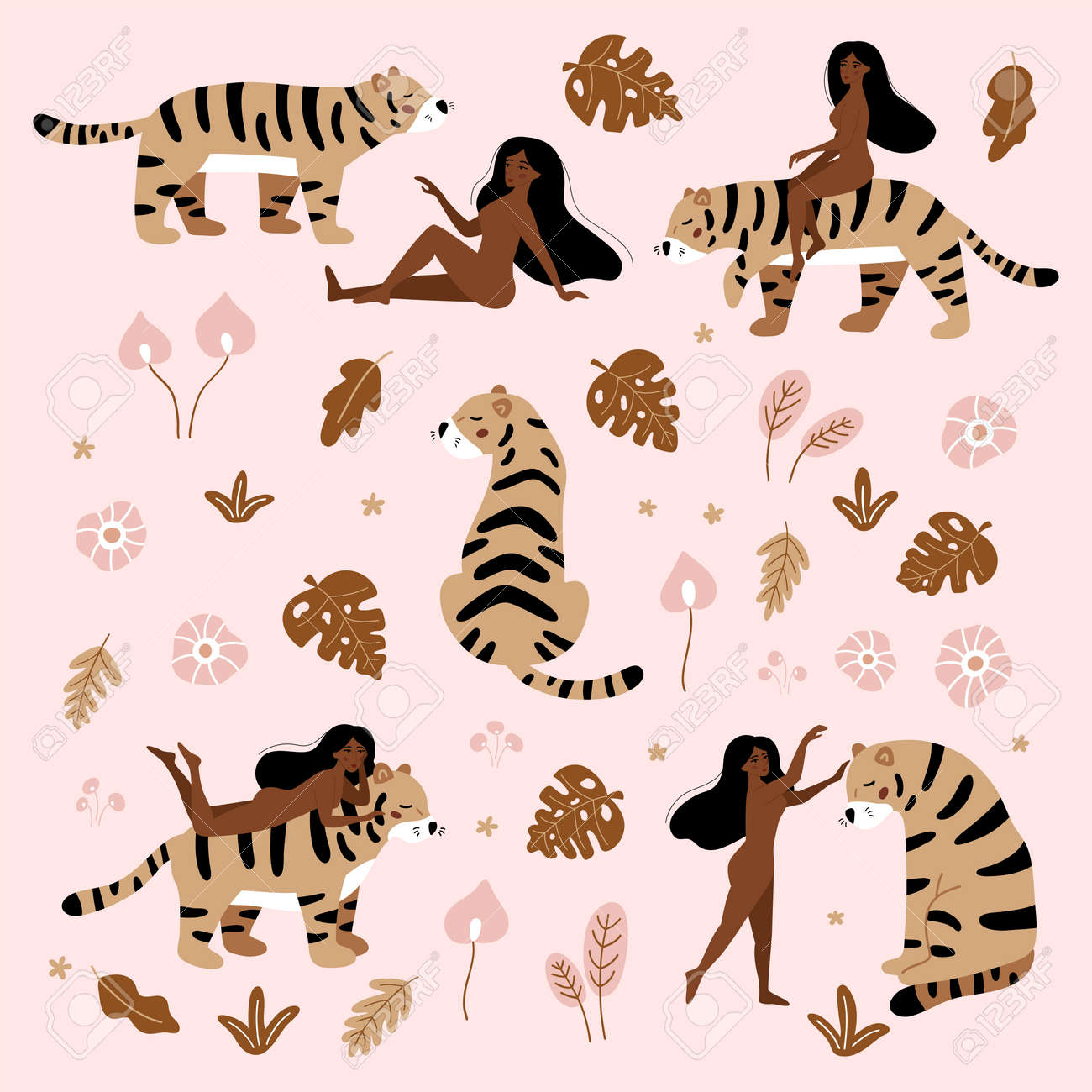 Nude women with wild cat - tiger. Tropical hand drawn plants. Exotic flowers on pink background. Wildlife set for feminism and body positive concept. - 169087096 Nude women with wild cat - tiger. Tropical hand drawn plants. Exotic flowers on pink background. Wildlife set for feminism and body positive concept. - 169087096