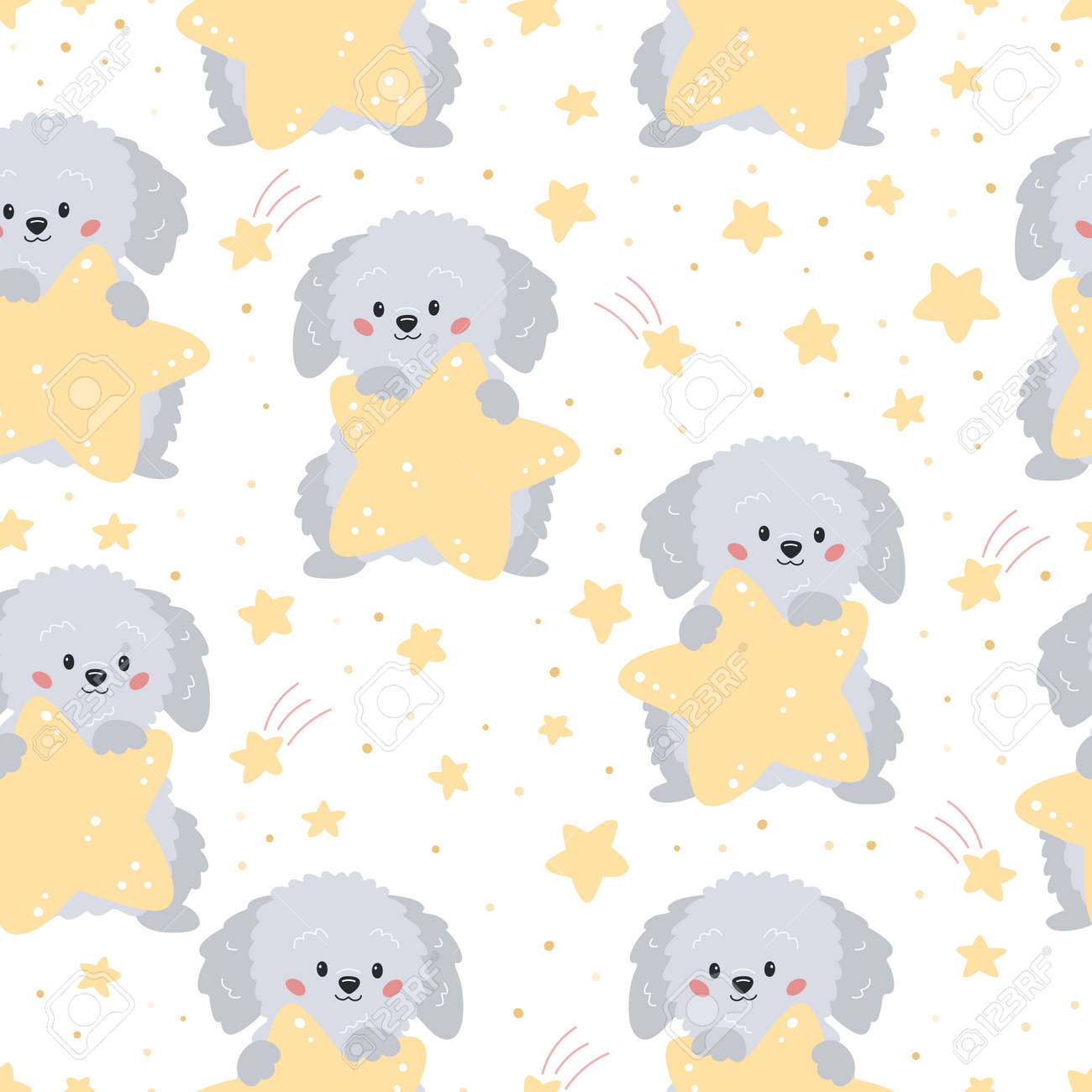 Childish seamless pattern with cute cartoon grey dog and yellow stars on white background. Vector characters. Ideal for textile, wallpaper and print. - 169087137 Childish seamless pattern with cute cartoon grey dog and yellow stars on white background. Vector characters. Ideal for textile, wallpaper and print. - 169087137