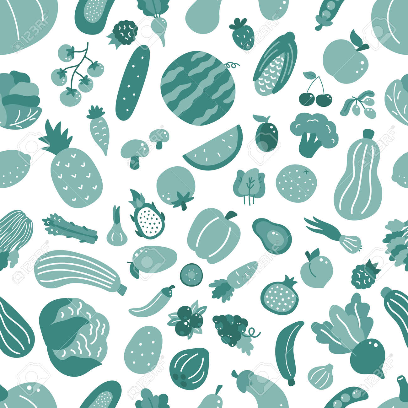 Seamless pattern with vegetables and fruits. Hand drawn doodle organic food on white background. Green monochrome vector illustration. Healthy food. - 169087144 Seamless pattern with vegetables and fruits. Hand drawn doodle organic food on white background. Green monochrome vector illustration. Healthy food. - 169087144