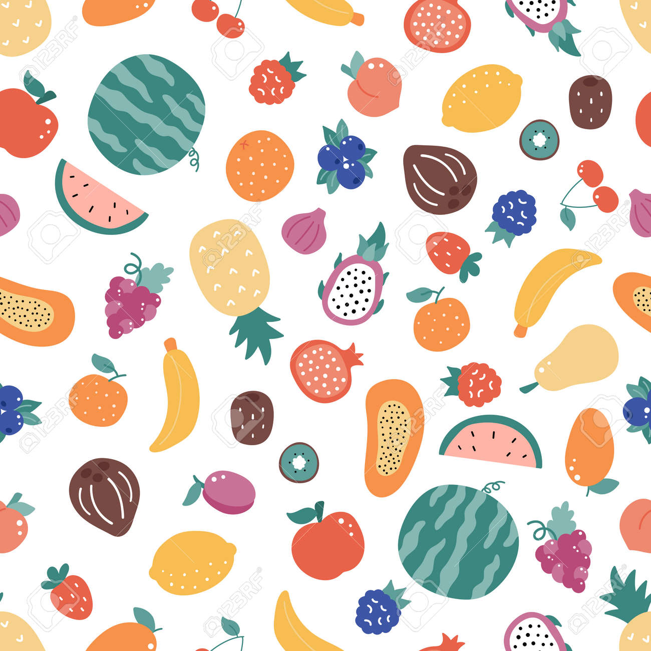 Seamless pattern with doodle fruits on white background. Hand drawn organic fresh food. Exotic and tropical fruits. Vector illustration. - 169087146 Seamless pattern with doodle fruits on white background. Hand drawn organic fresh food. Exotic and tropical fruits. Vector illustration. - 169087146