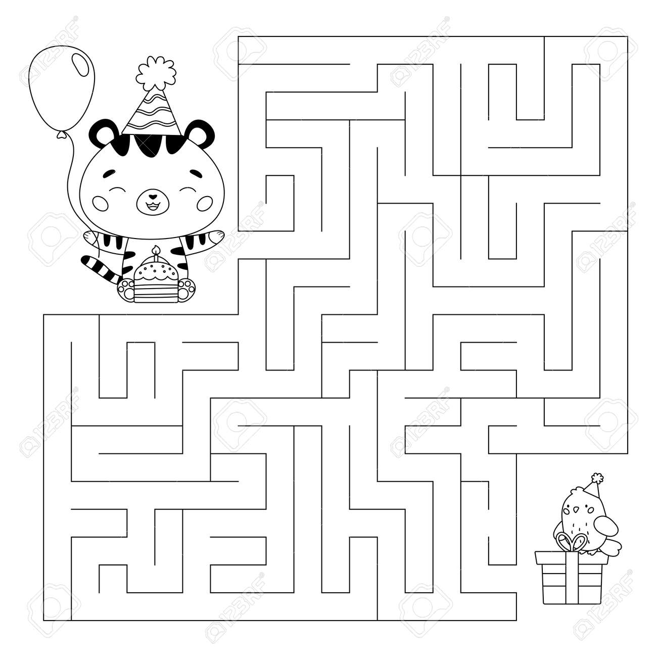 Maze game for kids. Help the tiger find right way to parrot and gift. Birthday party educational worksheet with labyrinth. Coloring page. Kawaii cartoon character. Vector outline illustration. - 178504564 Maze game for kids. Help the tiger find right way to parrot and gift. Birthday party educational worksheet with labyrinth. Coloring page. Kawaii cartoon character. Vector outline illustration. - 178504564