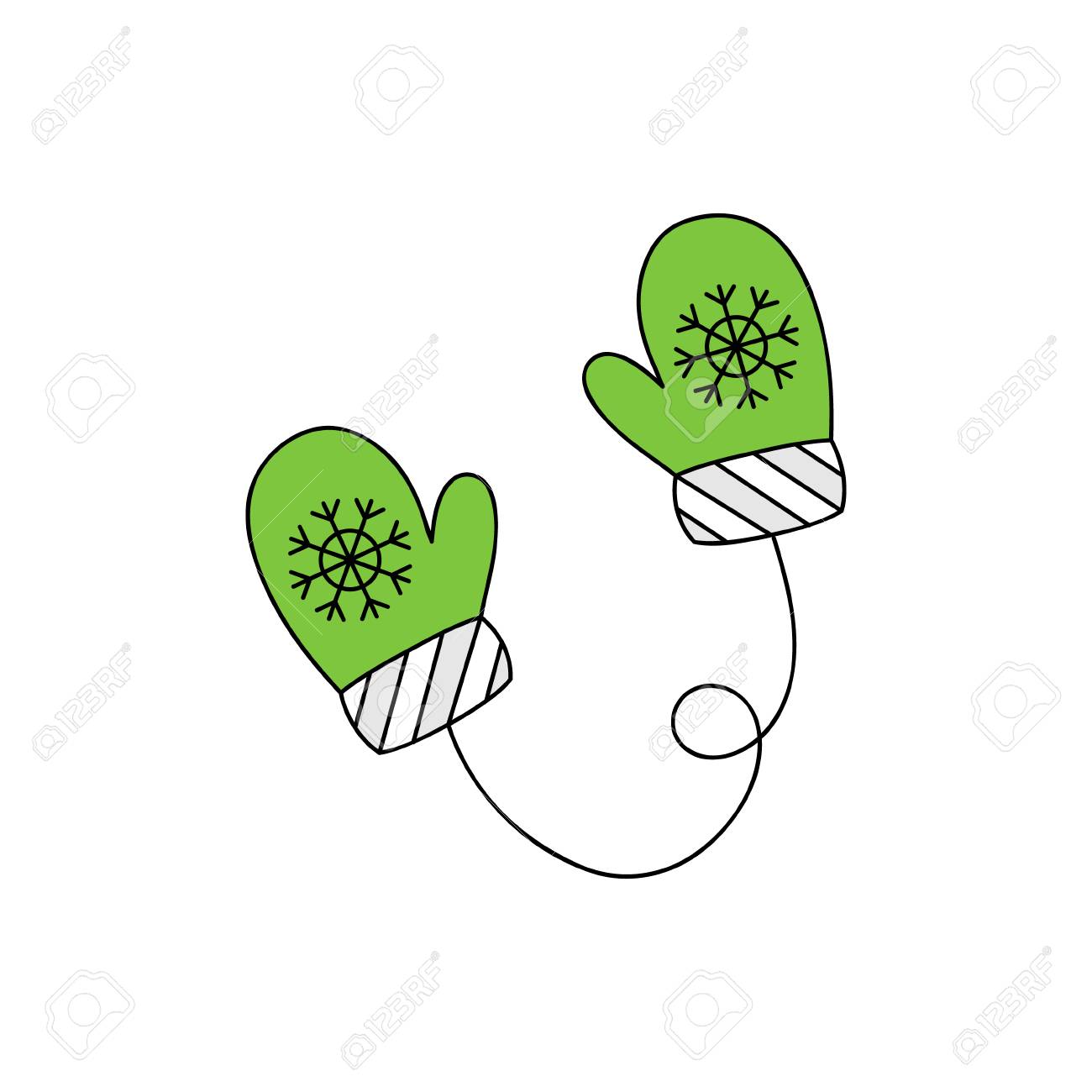 かわいいミトンベクトルはイラストアイコンを輪郭を描いた 冬 クリスマス 季節 ニット手袋 緑と白のミトン 雪片が付いています のイラスト素材 ベクタ Image