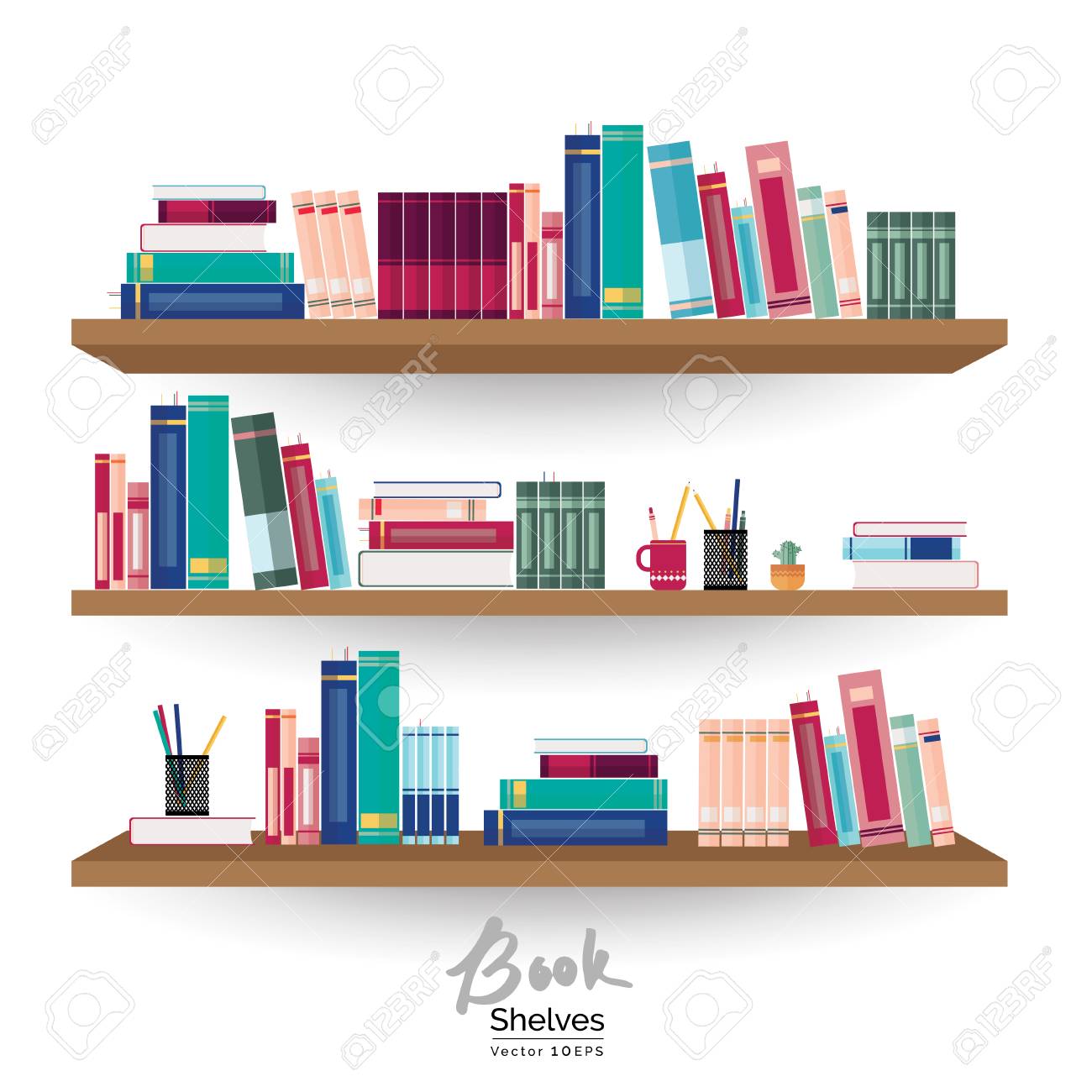 カラフルな本と白い壁の背景にひな形の本棚のイラスト素材 ベクタ Image