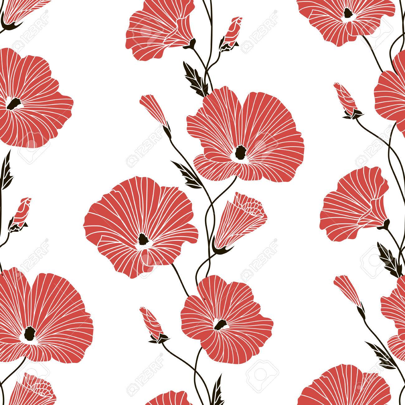 Two-color Seamless Floral Pattern On White Background. Black With Red Lava  Tera Flowers And Buds. Royalty Free SVG, Cliparts, Vectors, and Stock  Illustration. Image 55782536., image size:1300x1300