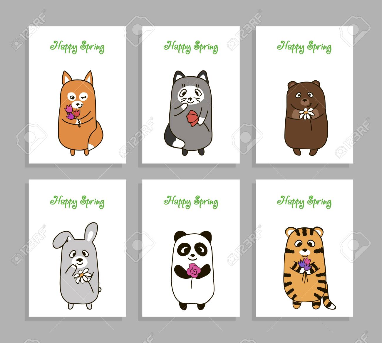 手描きを描いた垂直のグリーティング カードのセットします 彼の手 猫 クマ キツネ ウサギ トラとパンダ 花と笑顔でかわいい動物愛好家ベクトル イラスト のイラスト素材 ベクタ Image