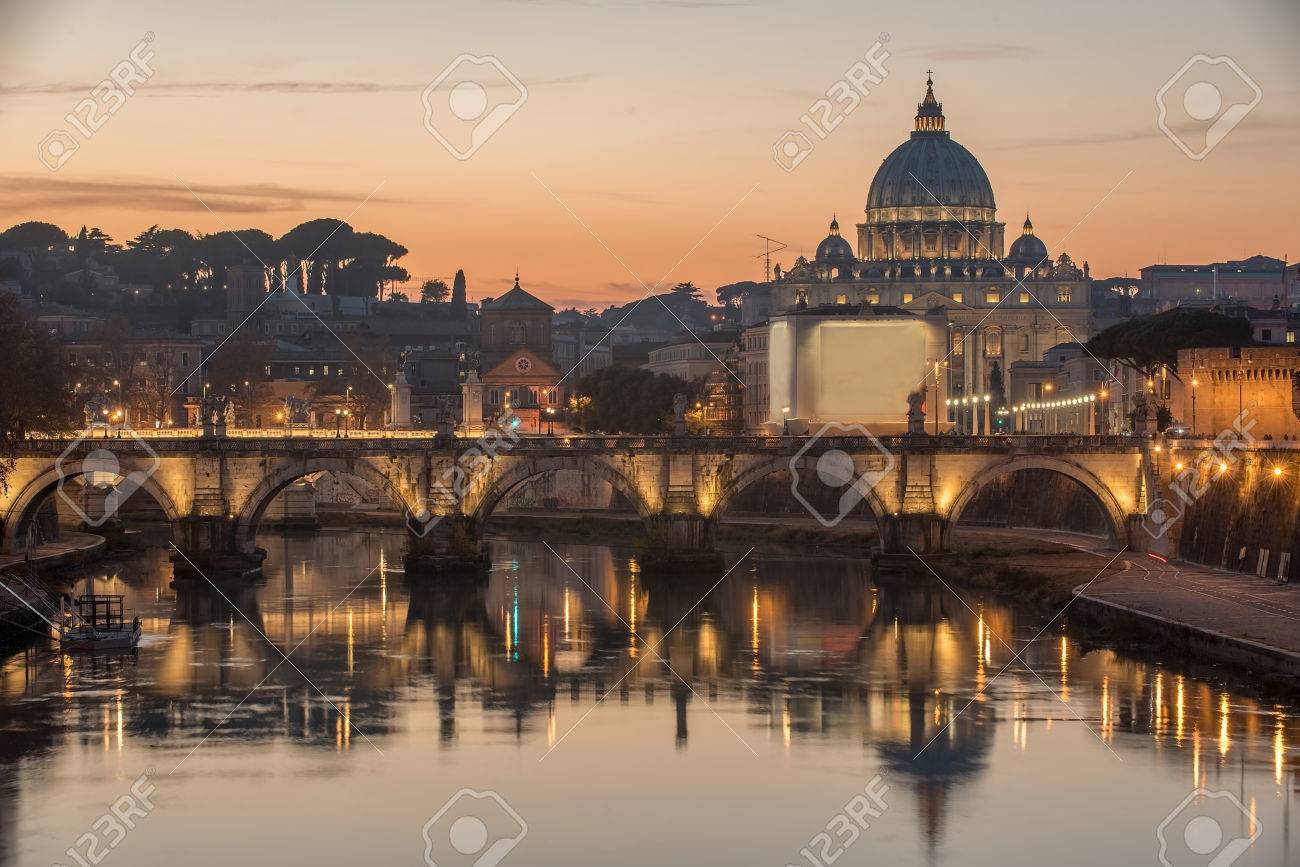 Rome, Italy: St. Peter's Basilica, Saint Angelo Bridge and Tiber River in the sunset - 51756146 Rome, Italy: St. Peter's Basilica, Saint Angelo Bridge and Tiber River in the sunset - 51756146
