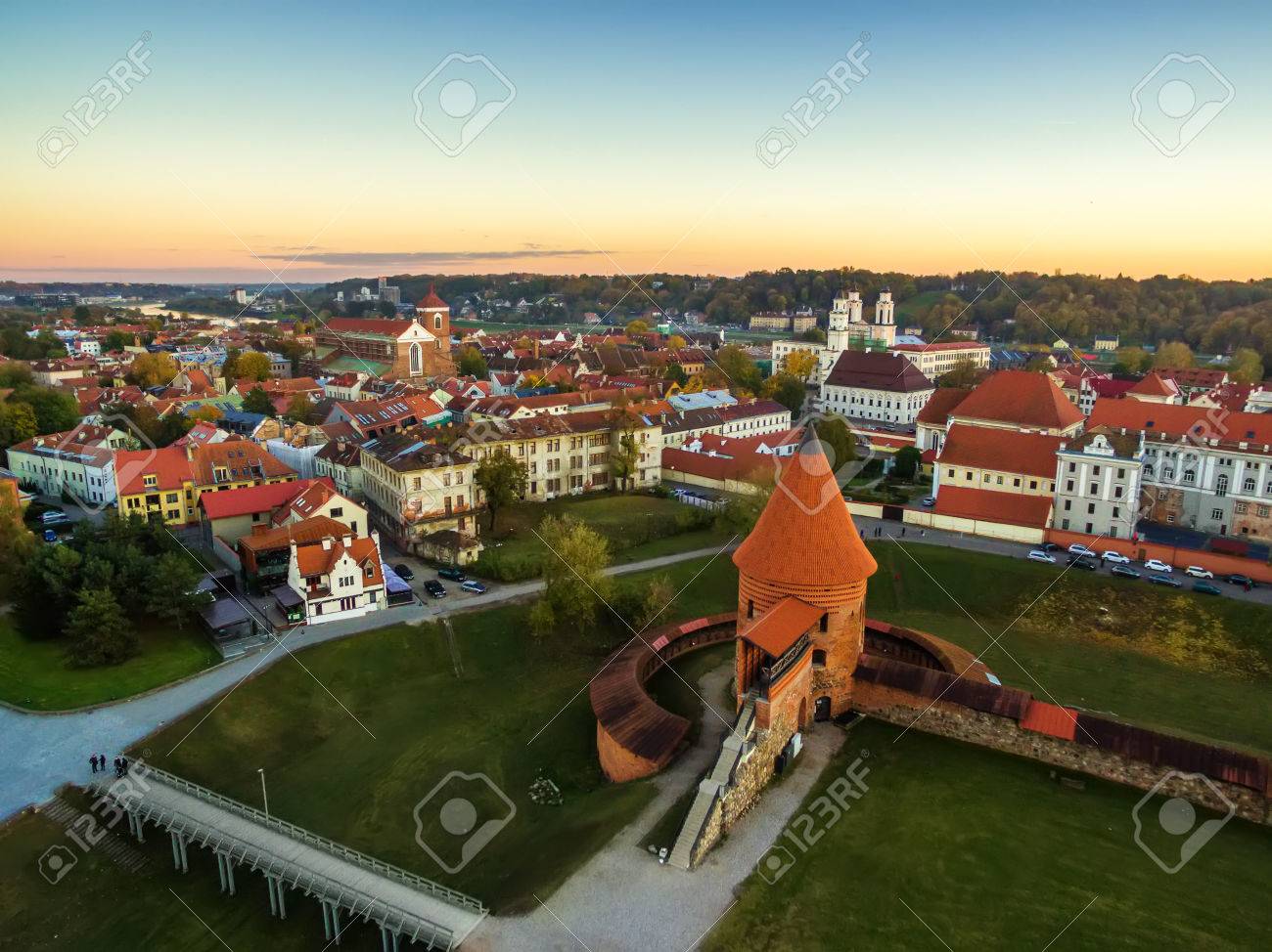 Kaunas, Lithuania: aerial top view of old town and castle in the autumn - 64783771 Kaunas, Lithuania: aerial top view of old town and castle in the autumn - 64783771
