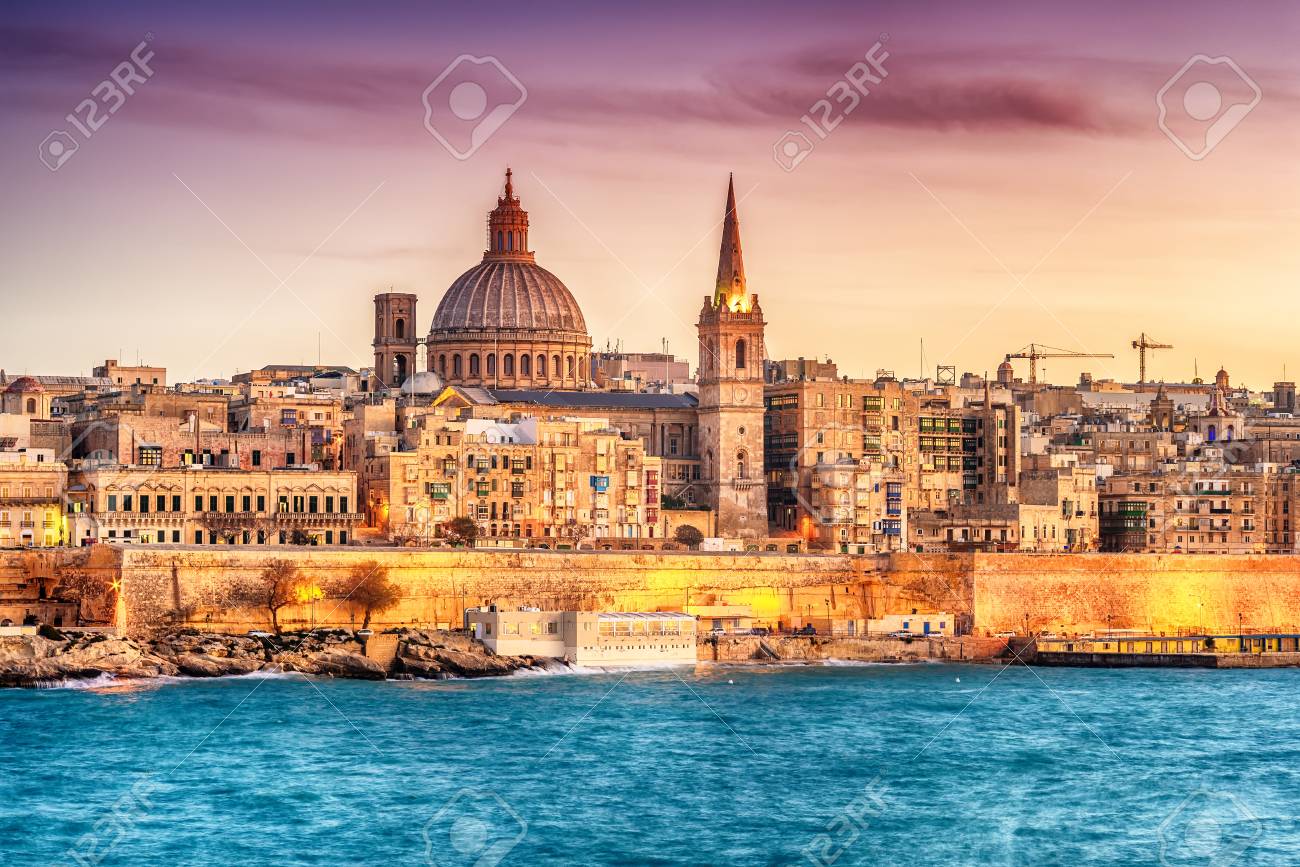 Valletta, Malta: skyline from Marsans Harbour at sunset. The cathedral - 92656718 Valletta, Malta: skyline from Marsans Harbour at sunset. The cathedral - 92656718