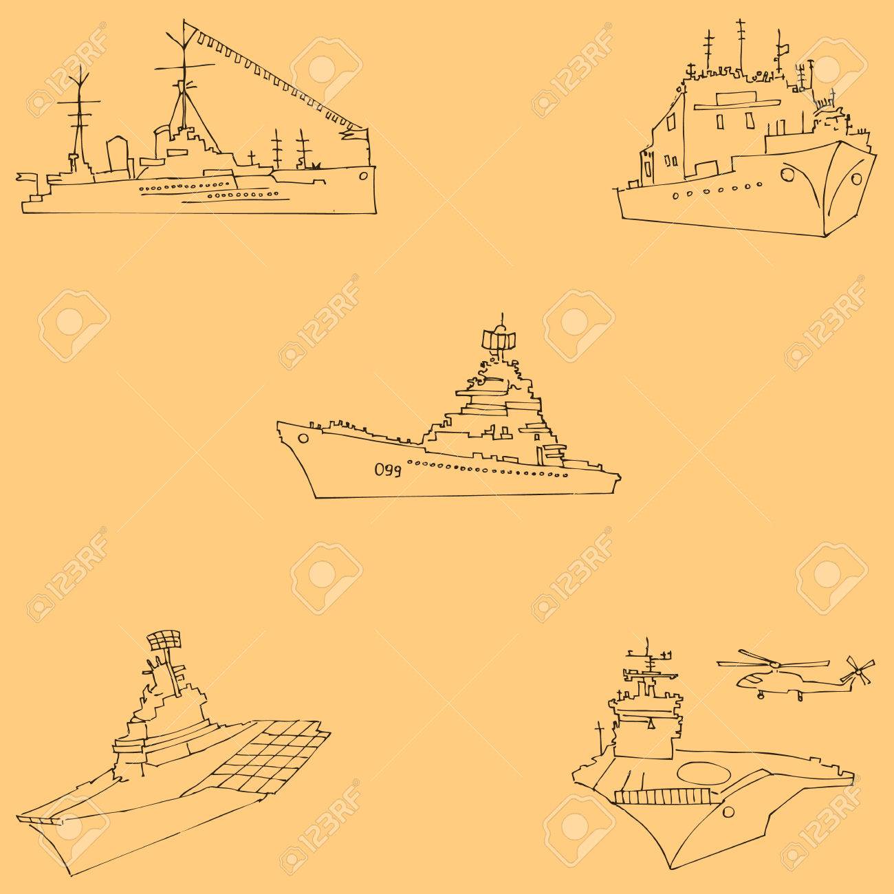 Le Navi Da Guerra Disegnare A Mano Disegno A Matita A Mano Immagine Vettoriale Limmagine è Linee Sottili Colori Vintage