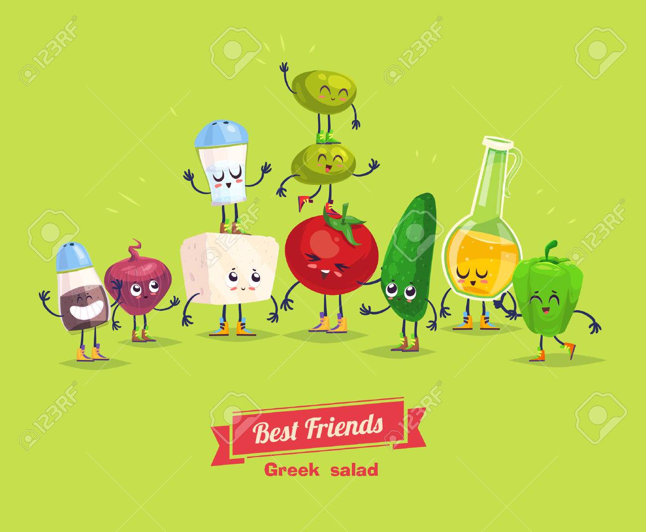 Greek salad. Cute and funny cartoon vegetable characters with olive oil. Best friends set. - 50040566 Greek salad. Cute and funny cartoon vegetable characters with olive oil. Best friends set. - 50040566