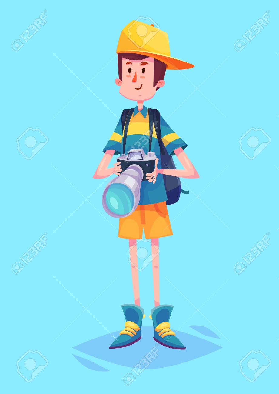 かわいいカメラマンや観光客のカメラとバッグの面白いイラスト ベクトル漫画のキャラクター 青い背景上に分離 のイラスト素材 ベクタ Image