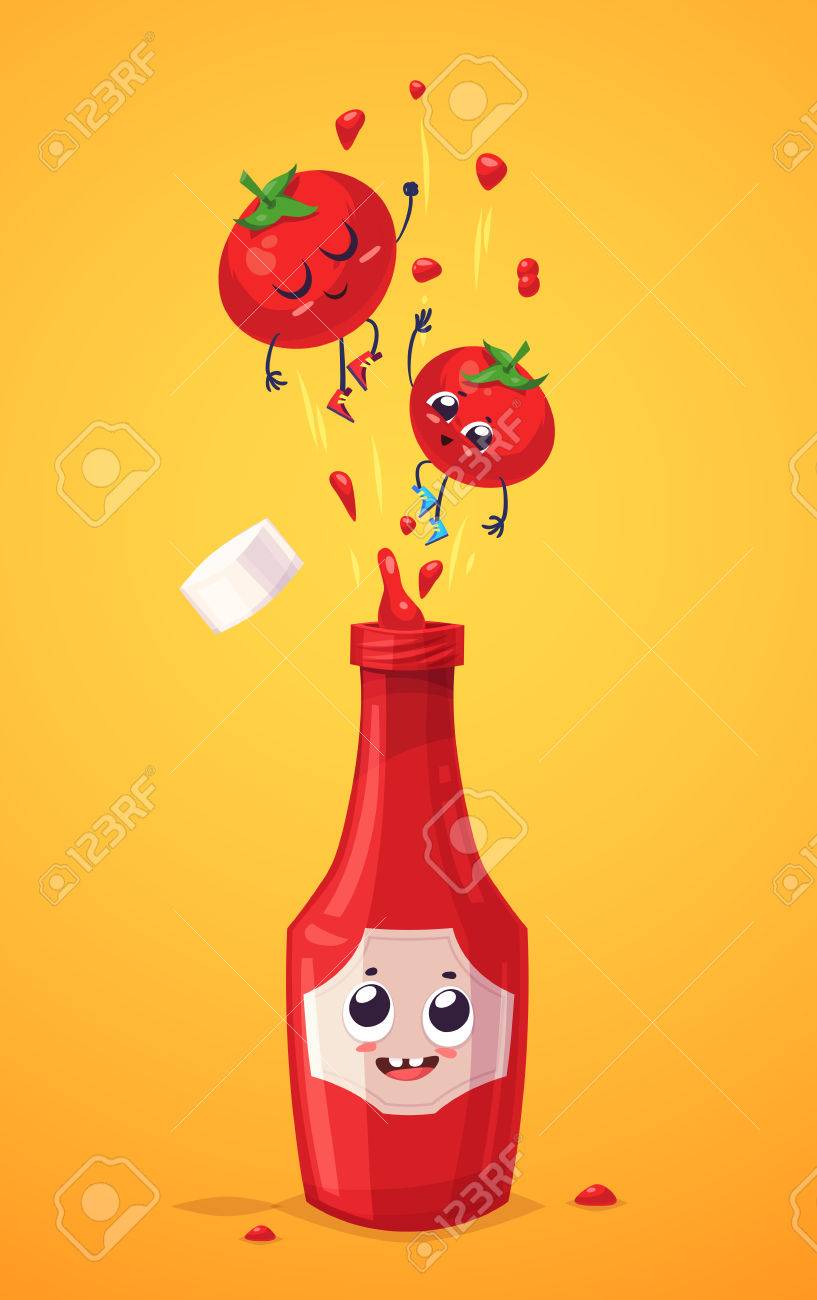 Best friends. Funny characters tomato and bottle of ketchup. Funny food. - 52177843 Best friends. Funny characters tomato and bottle of ketchup. Funny food. - 52177843