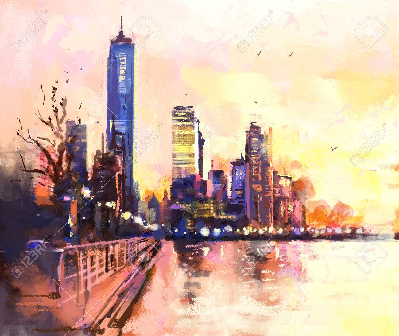 Digital painting of city with skyscraper and ocean at sunset. Rastr stock llustration - 54303255 Digital painting of city with skyscraper and ocean at sunset. Rastr stock llustration - 54303255
