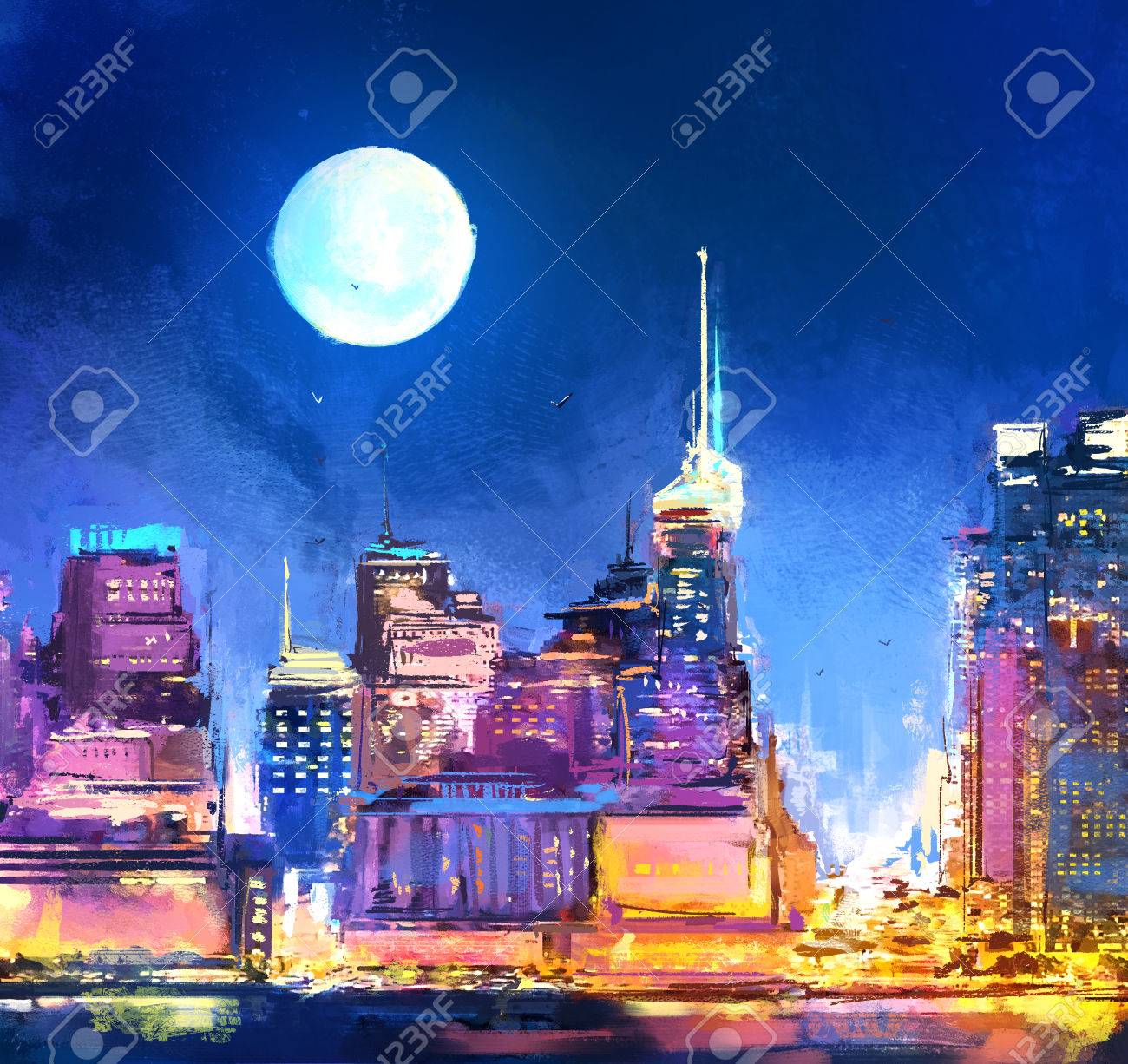 夜の高層ビルと都市のデジタル絵画。ショップのネオン街。Rastr