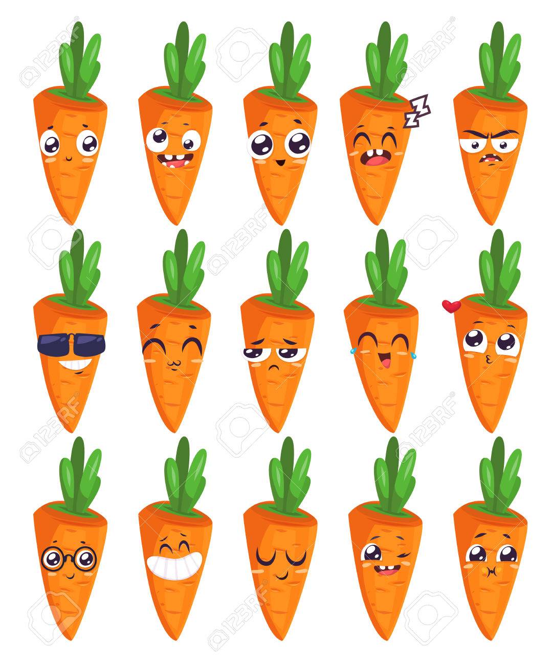 面白い笑顔のニンジン セット 果物野菜 フード コレクションです 漫画イラスト かわいいスタイリッシュな文字 のイラスト素材 ベクタ Image