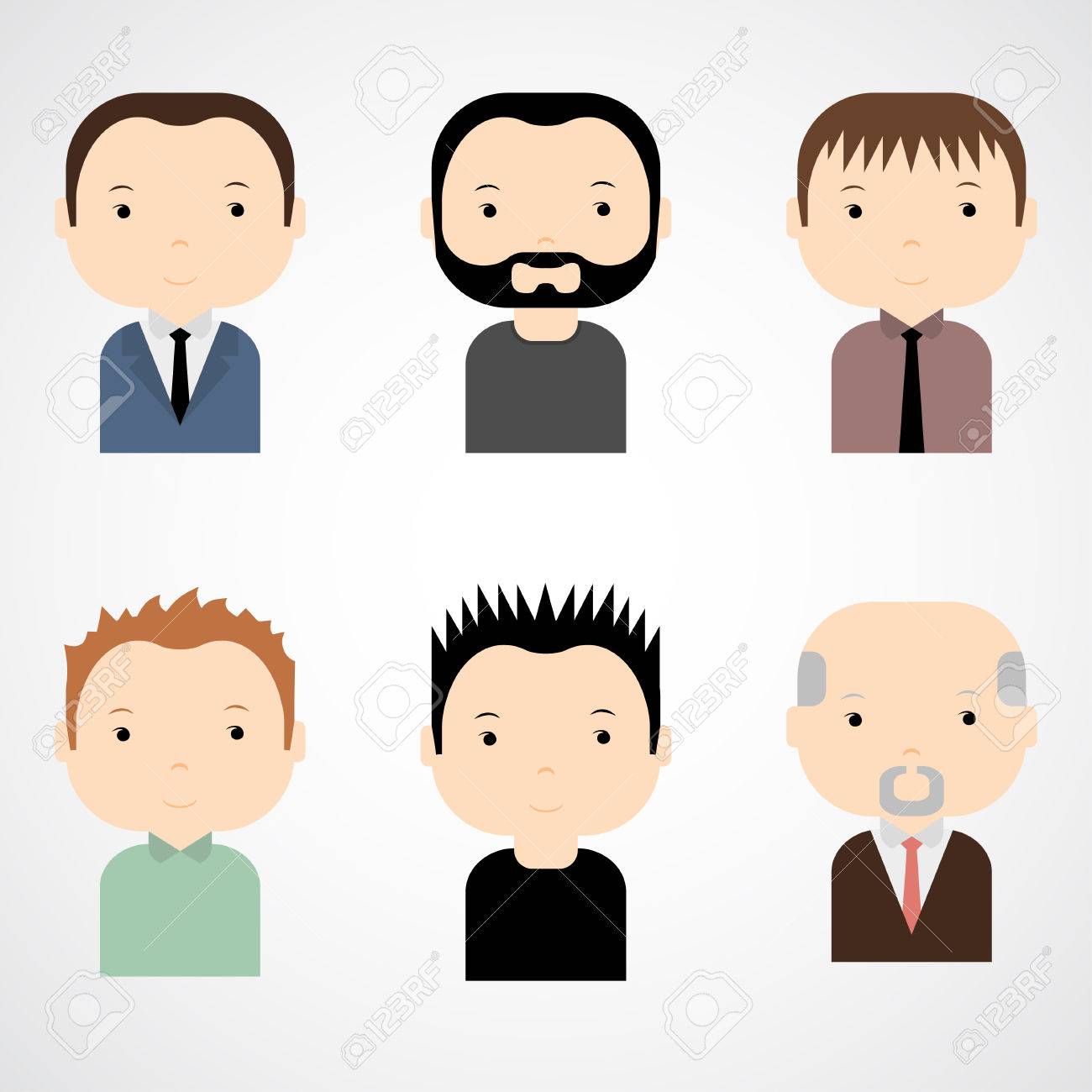 Reihe Von Bunten Mannlichen Gesichter Icons Trendy Flachen Stil Lustige Comic Figuren Vektor Illustration Lizenzfrei Nutzbare Vektorgrafiken Clip Arts Illustrationen Image