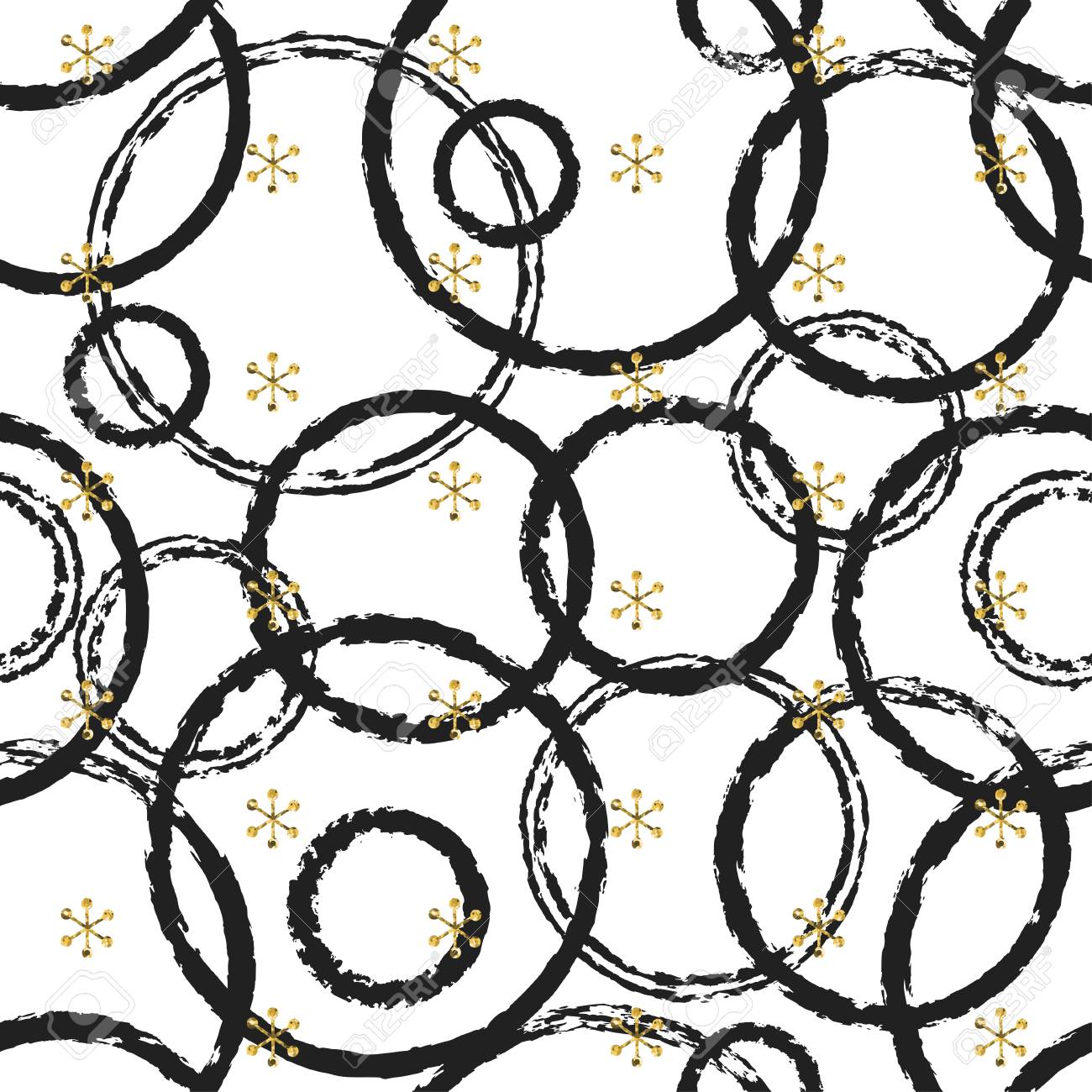 雪の結晶キラキラ金カオス リング クリスマス正月シームレス パターン ペイント ブラシ サークル ブラック ホワイト バック グラウンド 黄金の雪 ベクトルの図 流行に敏感なおしゃれなギフトの紙の折り返し のイラスト素材 ベクタ Image