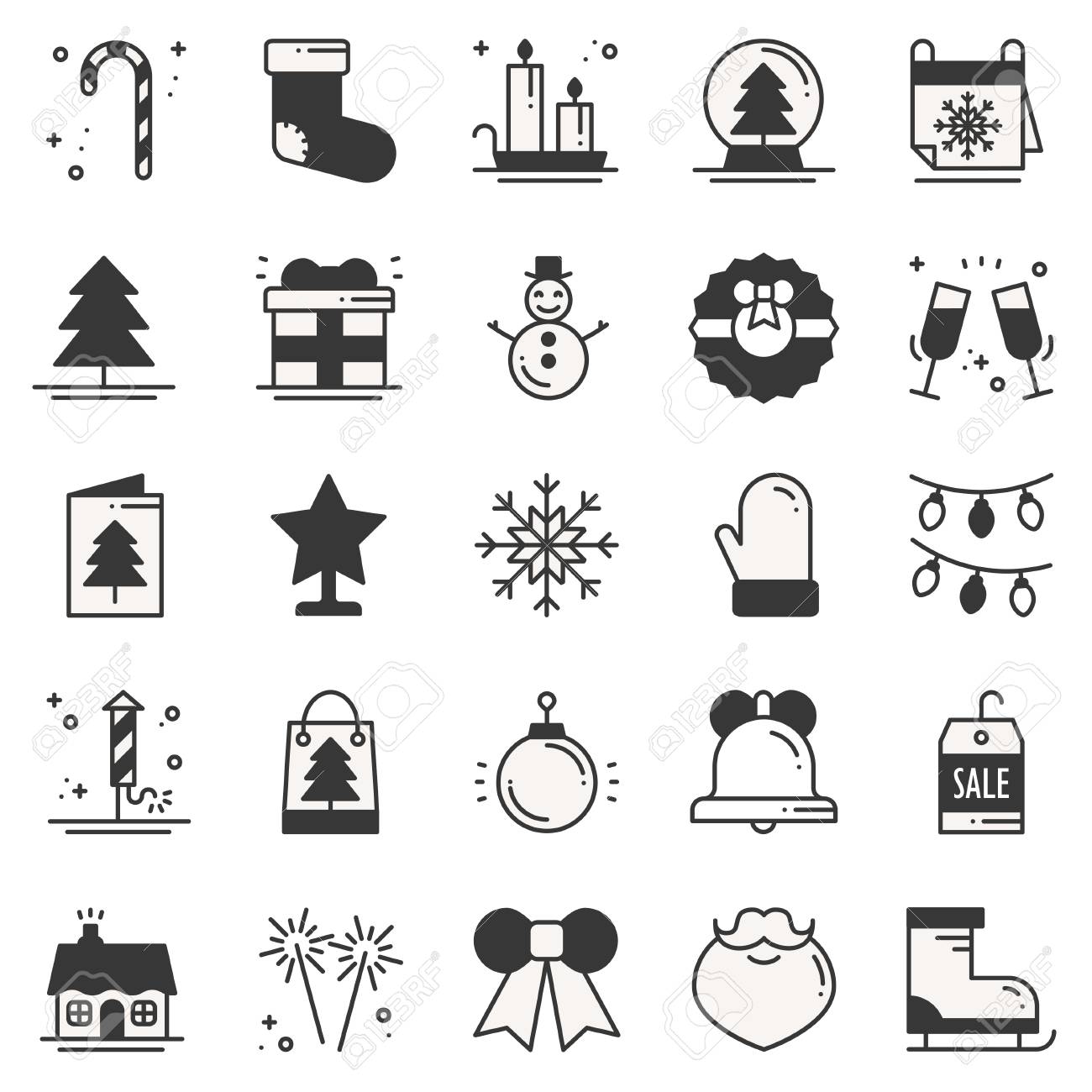 Christmas holiday thin line silhouette icons set. New Year celebration..