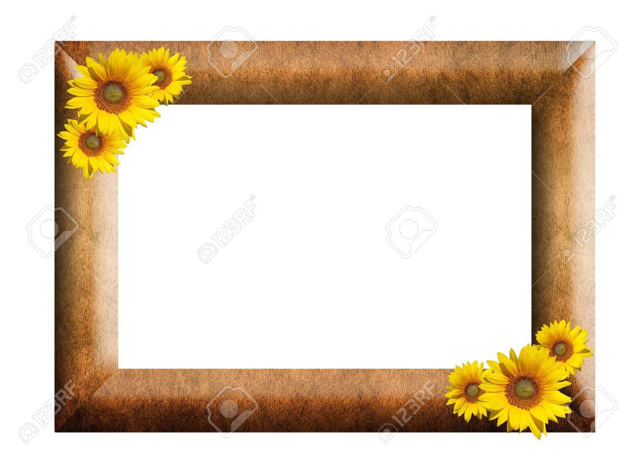 ビンテージ写真フレーム、ウッド メッキと白い背景の上ひまわり