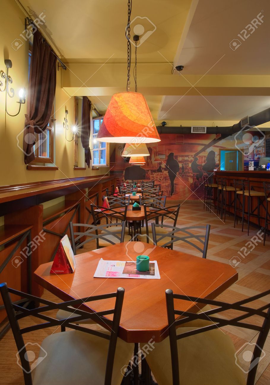 interior of a cafe-restaurant. retro design in yellow, red and interior of a cafe-restaurant. retro design in yellow, red and
