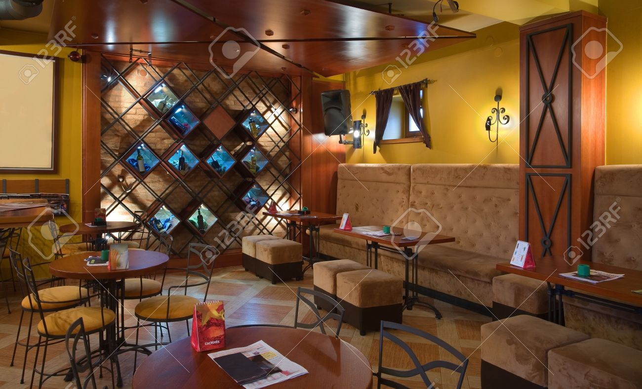 interior of a cafe-restaurant. retro design in yellow and brown interior of a cafe-restaurant. retro design in yellow and brown