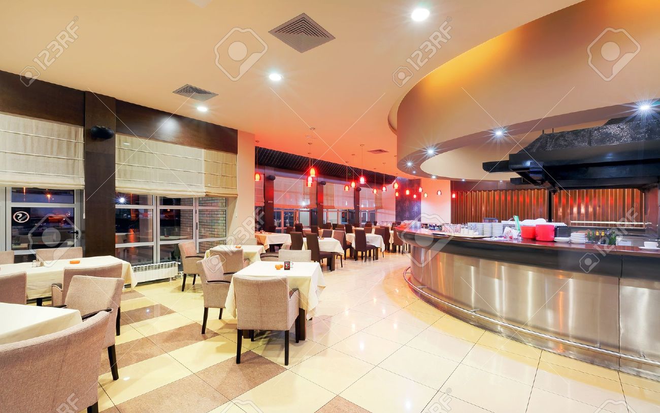 modern restaurant interior, part of a hotel, night scene. stock modern restaurant interior, part of a hotel, night scene. stock