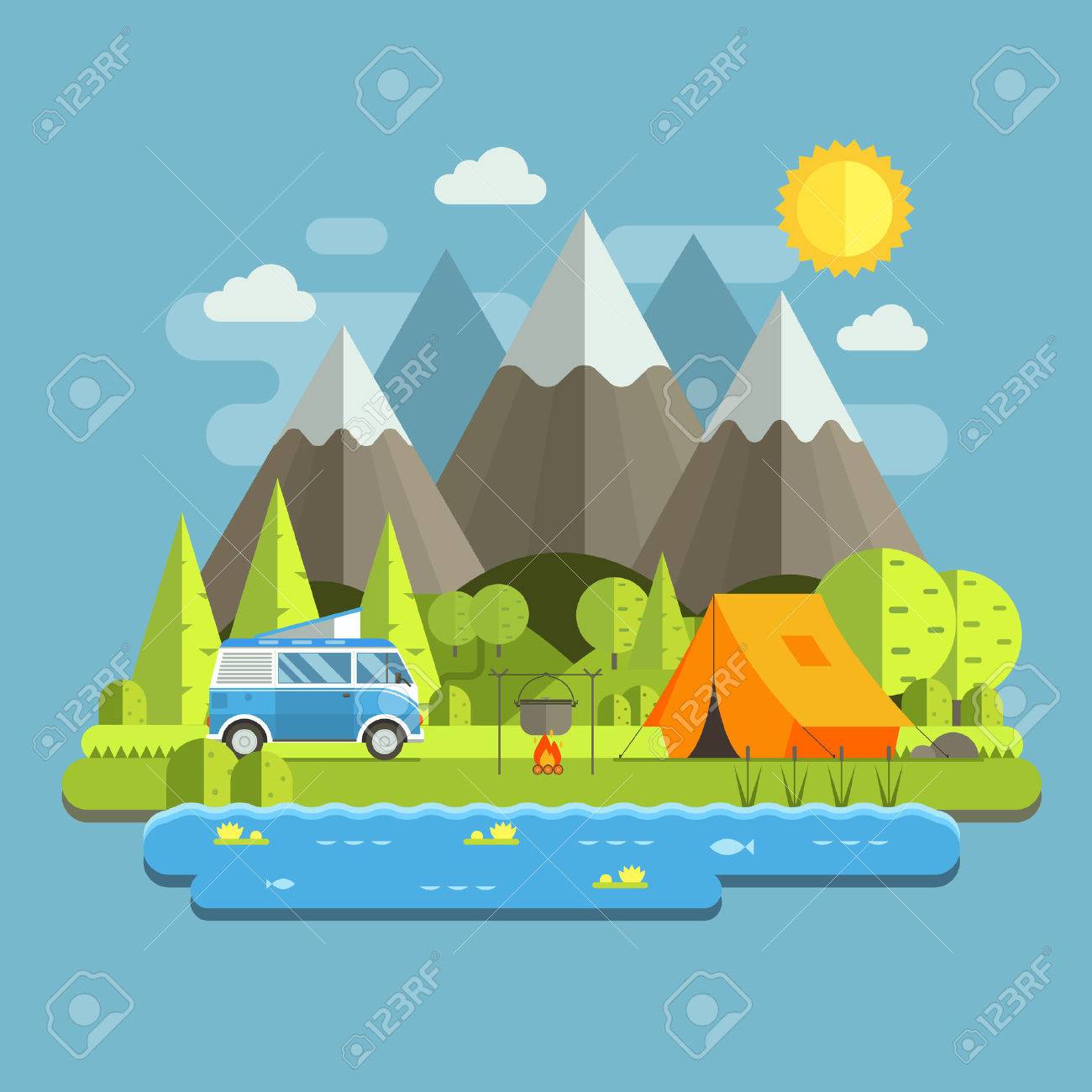 Campsite Place In Mountain Lake Area Forest Camping Travel Landscape With Rv Camper Bus Campsite Place In Mountain Lake Area Forest Camping Travel Landscape With Rv Camper Bus