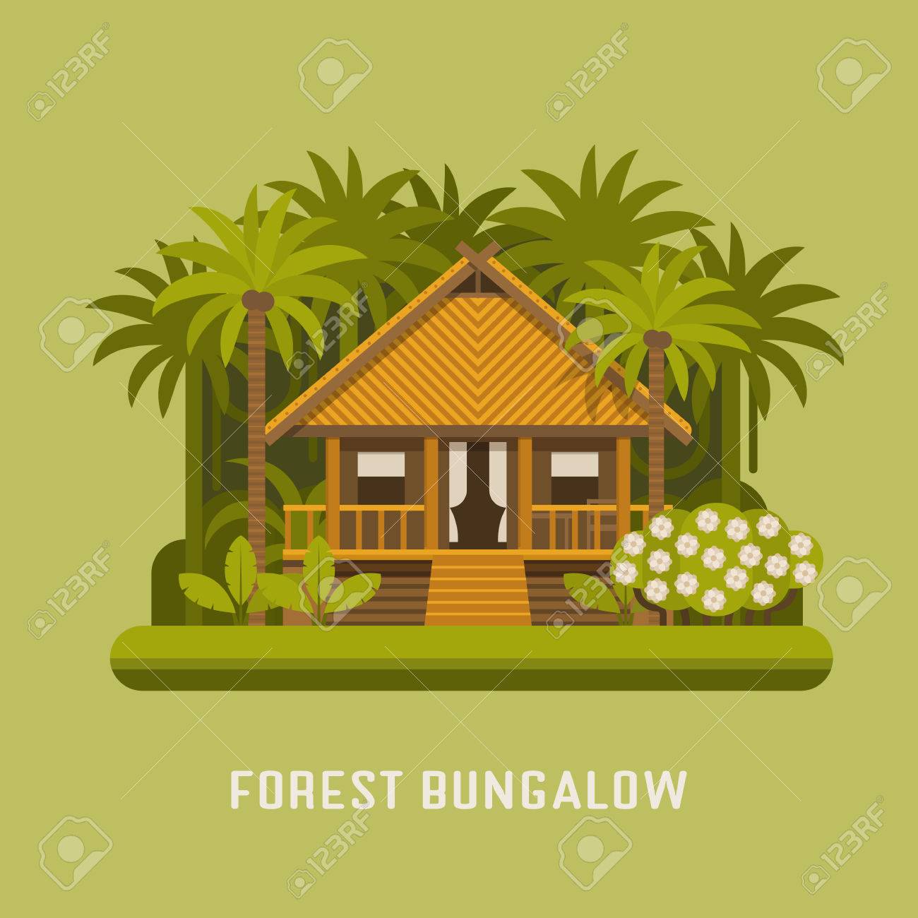 熱帯ジャングルの中での夏の家 緑のヤシの中の木製の別荘のスイートです ロマンチックなフォレスト バンガローや小さなアパート賃貸建物や生活します 木造コテージ ベクトル イラスト のイラスト素材 ベクタ Image