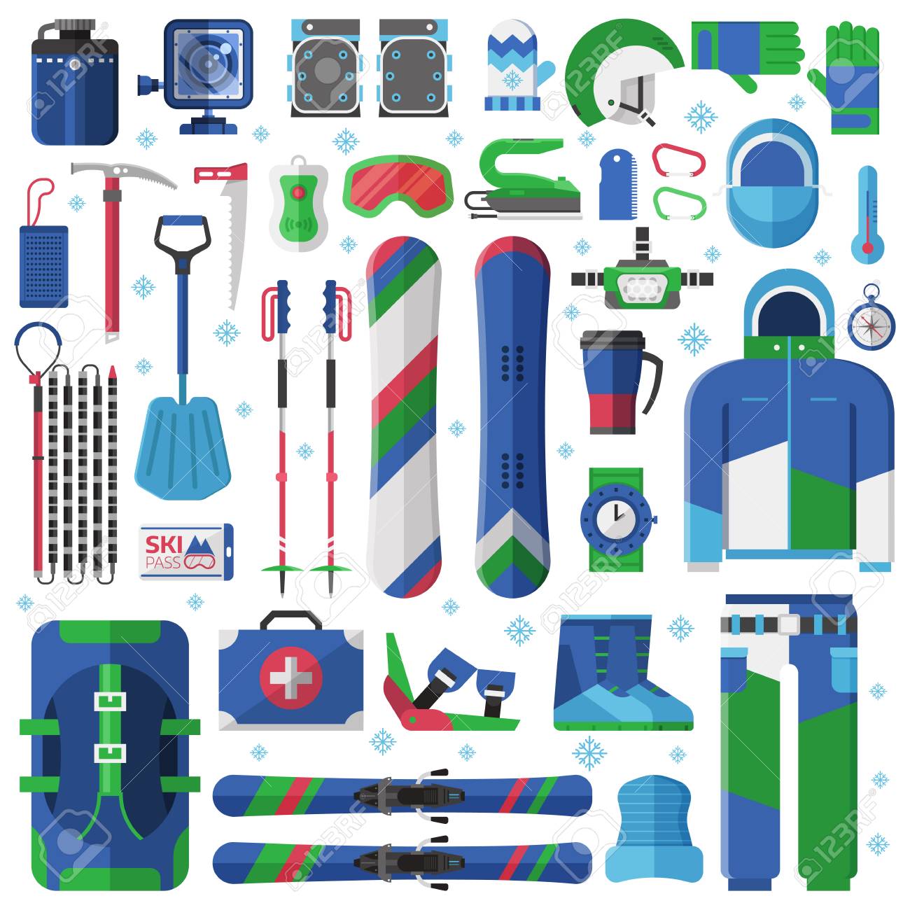 Mountain skiing and snowboarding equipment. Ski gear snowboard.. Mountain skiing and snowboarding equipment. Ski gear snowboard..