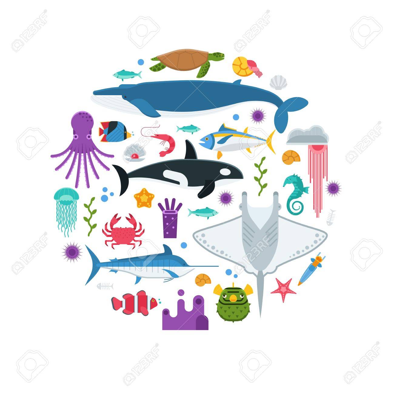 水中の動物と海の生き物背景円で様式化されました 海と海洋の魚や他の水生生物のコレクション コンセプト海住民ベクトル イラスト カードや英雄のイメージ のイラスト素材 ベクタ Image