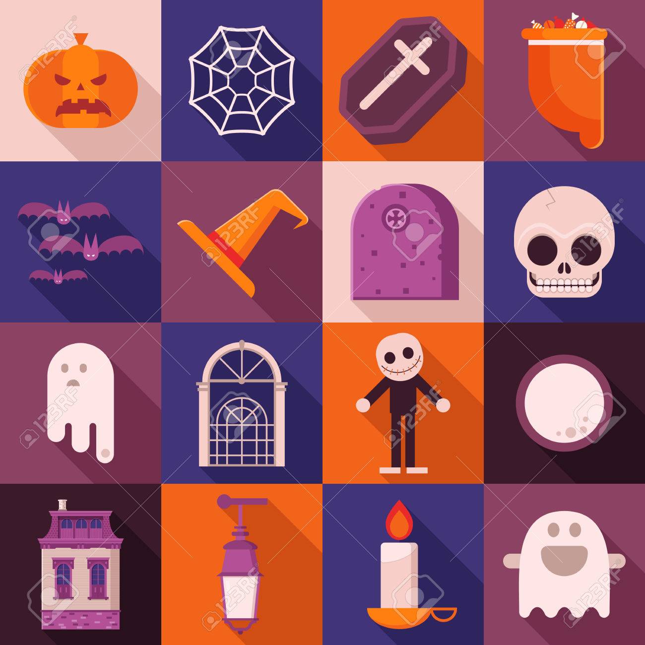 ハロウィーンのベクトルのアイコンを設定でフラットなデザイン お菓子の袋 パンプキン ヘッド 頭蓋骨 お化け 屋敷 ゴースト コウモリ 蜘蛛の巣 他の伝統的なシンボルを含みます 長い影の正方形のハロウィーンのアイコン のイラスト素材 ベクタ Image