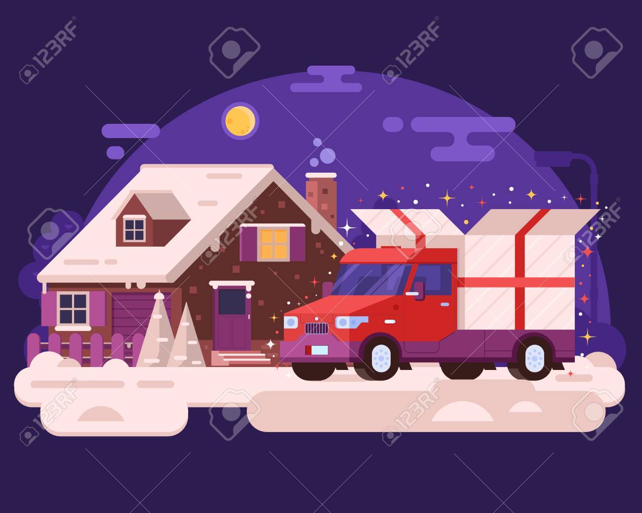 冬の家にクリスマス プレゼントを運ぶ赤い配達用バン 漫画トラック車田舎家にクリスマス ギフト ボックスを提供します ホリデイ 背景やバナーでフラットなデザイン 自動貨物または貨物のコンセプトです の写真素材 画像素材 Image