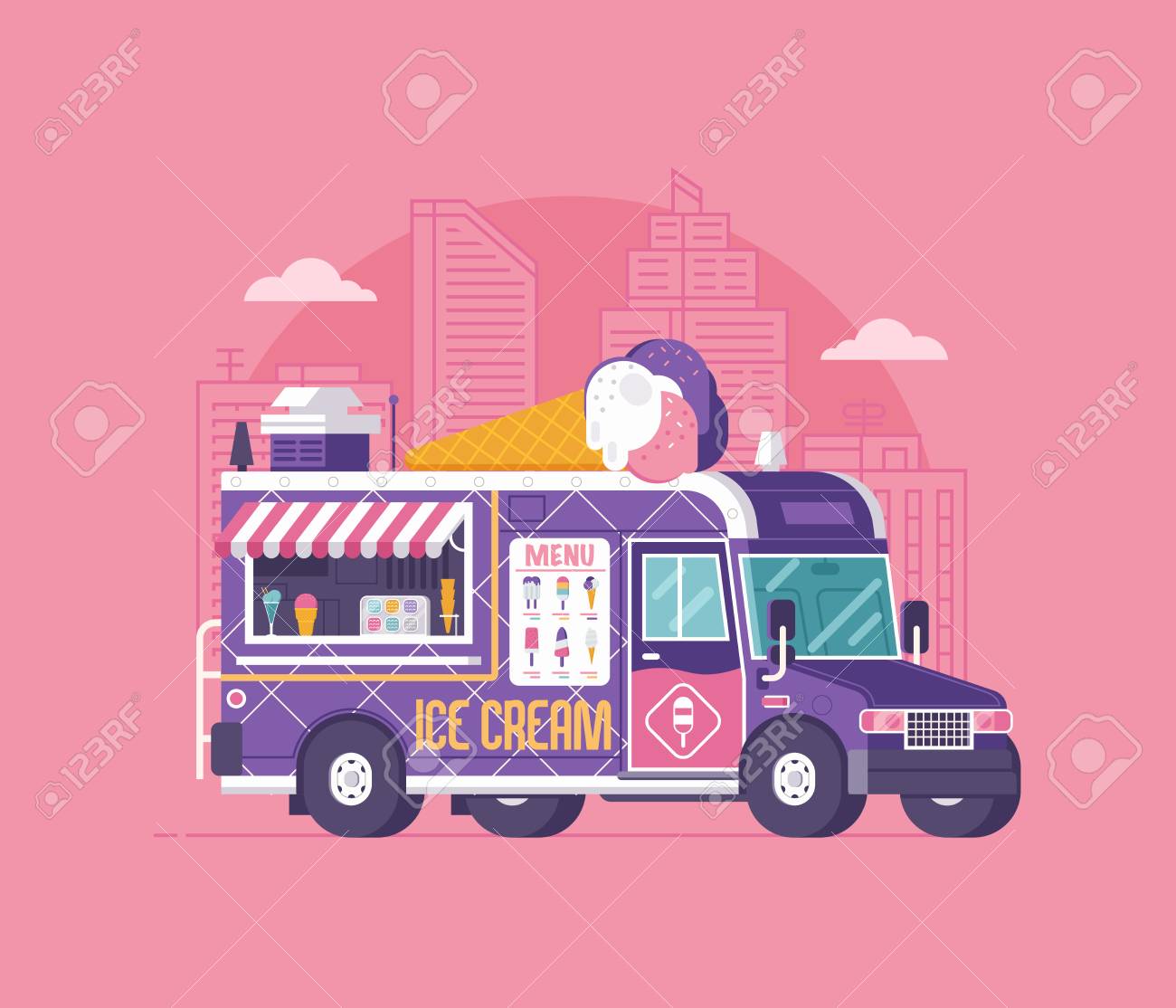 summer kitchen auto kiosk vector illustration cartoon ice cream truck illustration vintage cartoon minivan with frozen sweets - Summer Kitchen Menu summer kitchen auto kiosk vector illustration cartoon ice cream truck illustration vintage cartoon minivan with frozen sweets - Summer Kitchen Menu