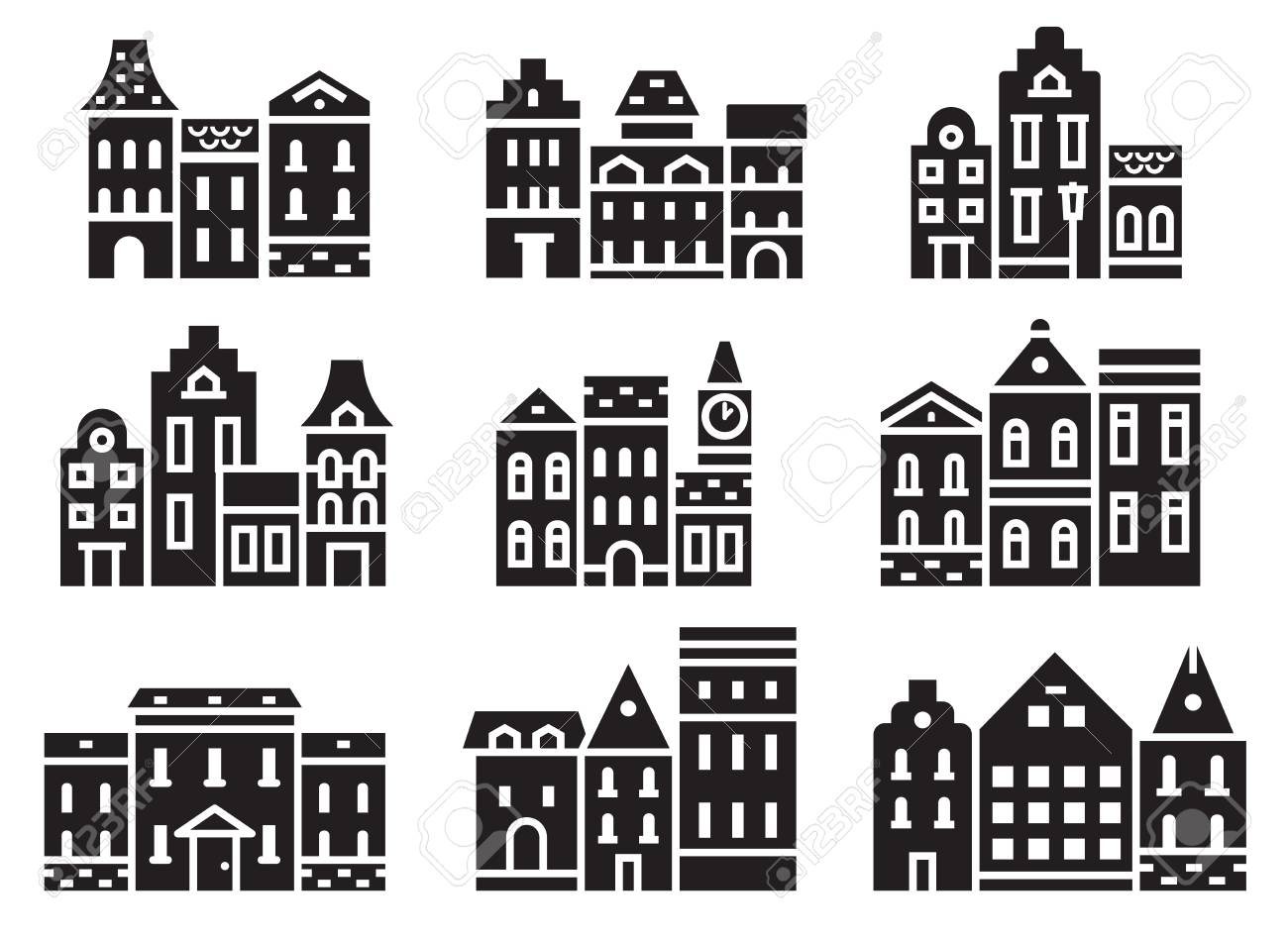 europe street and house icons in outline design scandinavian