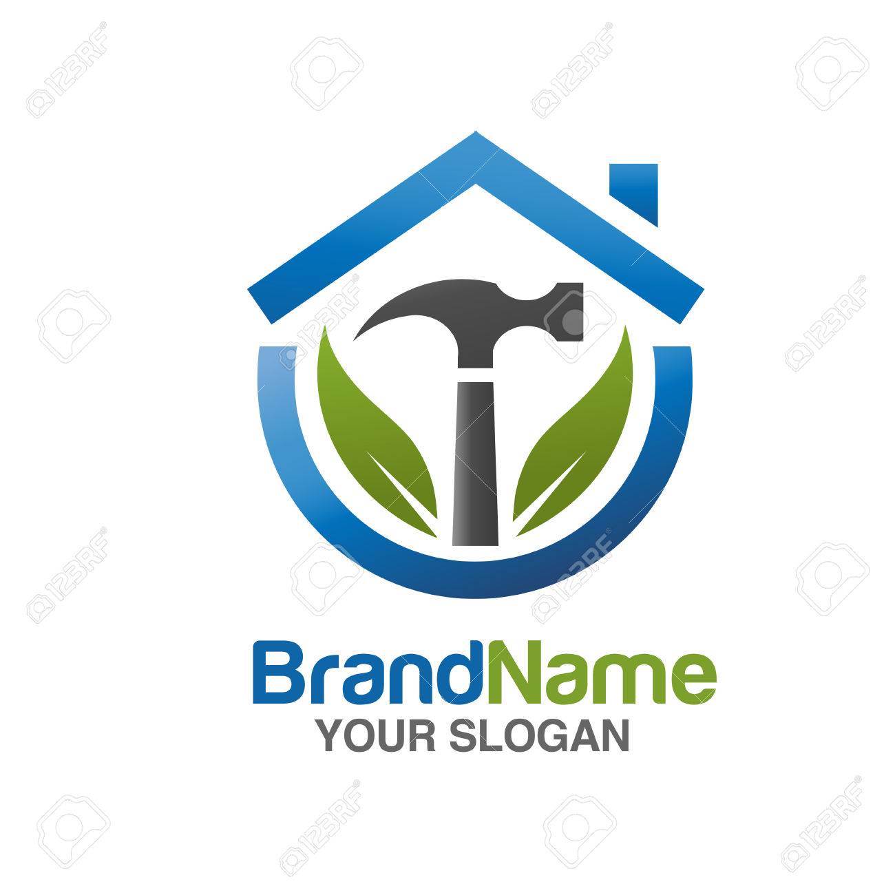 家の修理サービスのベクトル図のロゴ ハンマーと緑の葉 のイラスト素材 ベクタ Image