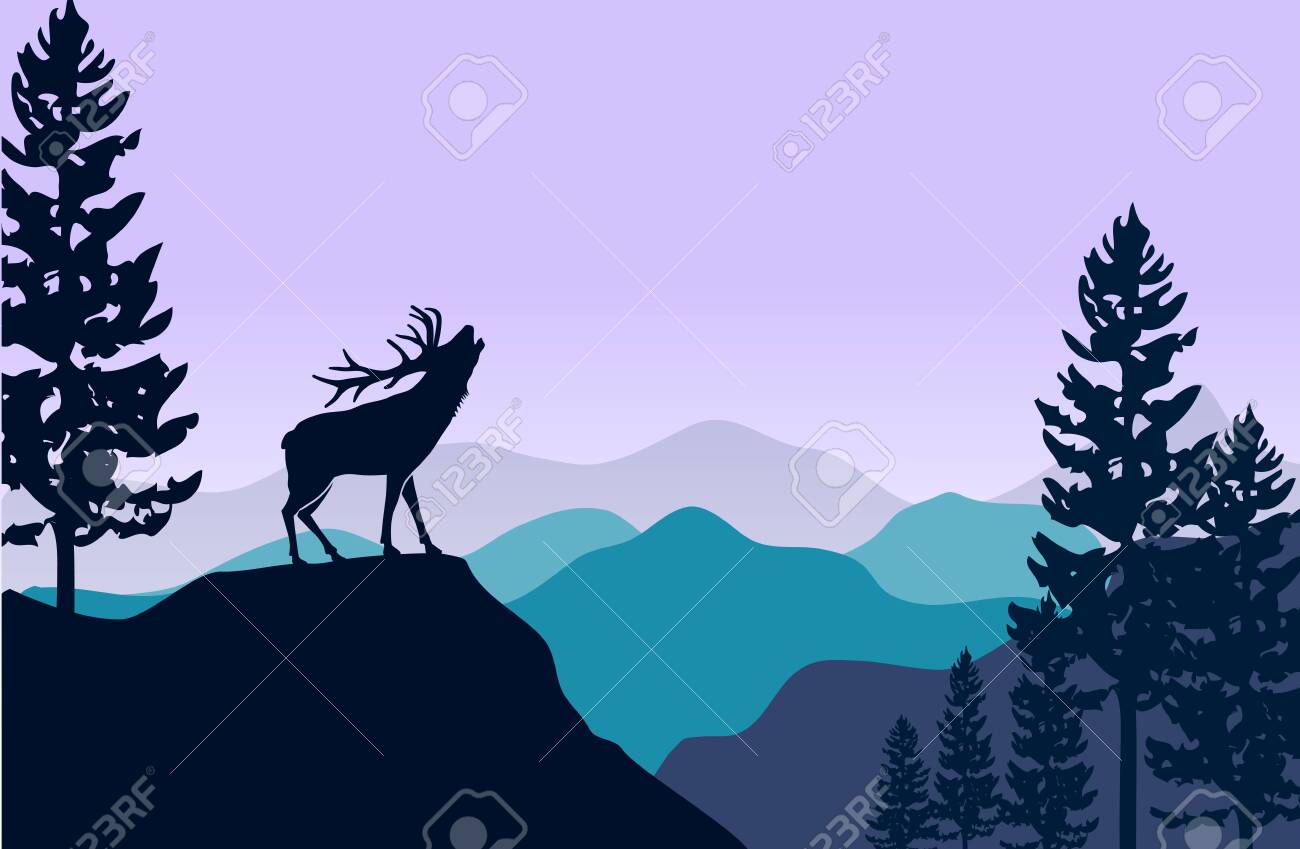 Silhouette Of Deer And Pine Tree At Flat Mountains Landscape Royalty Free Cliparts Vectors And Stock Illustration Image 132175659