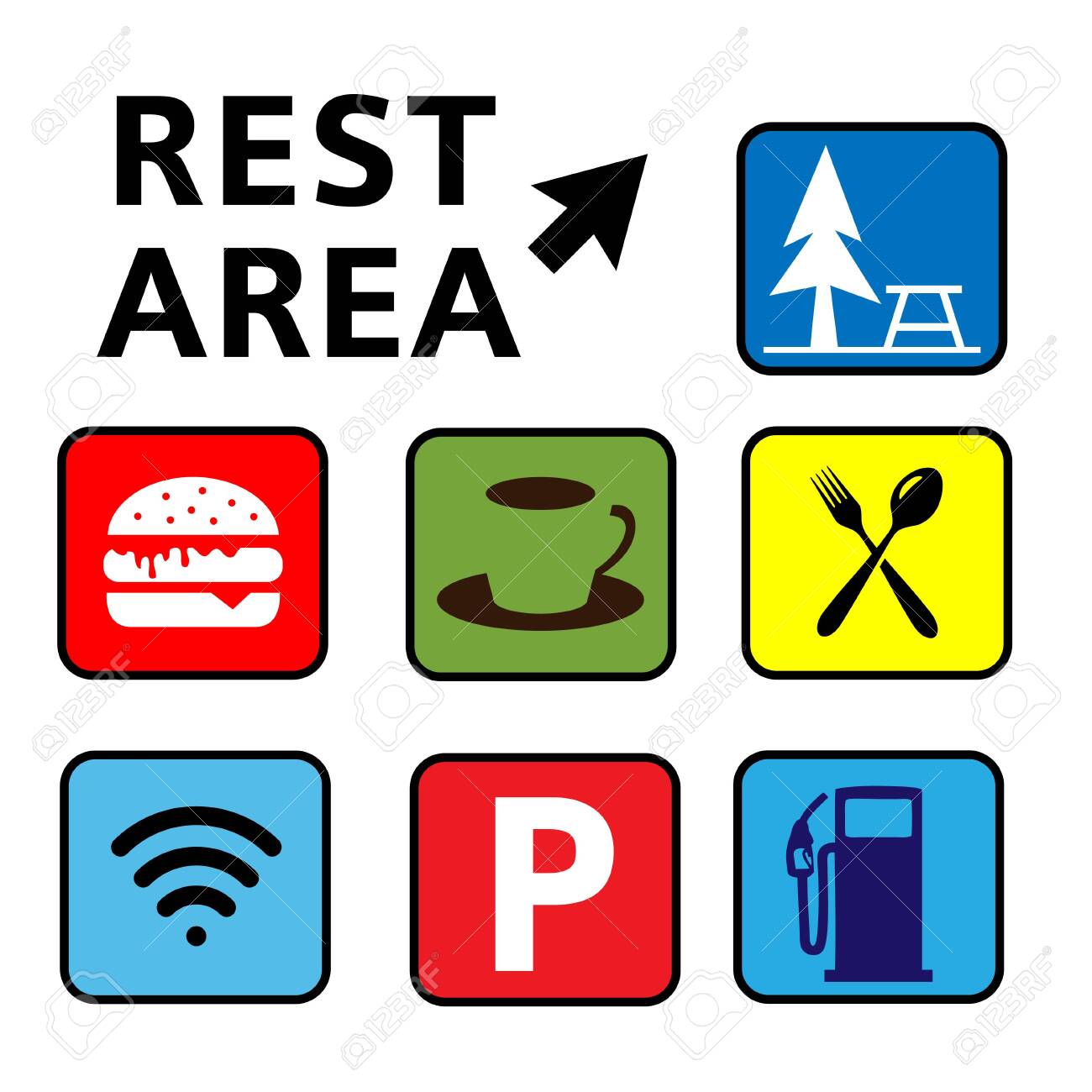 Rest Area Color Sign Vector Illustration,Set Of Symbols For Urban Areas,  Professional Icon Set In Flat Color Style Royalty Free SVG, Cliparts,  Vectors, and Stock Illustration. Image 138772646., image size:1300x1300