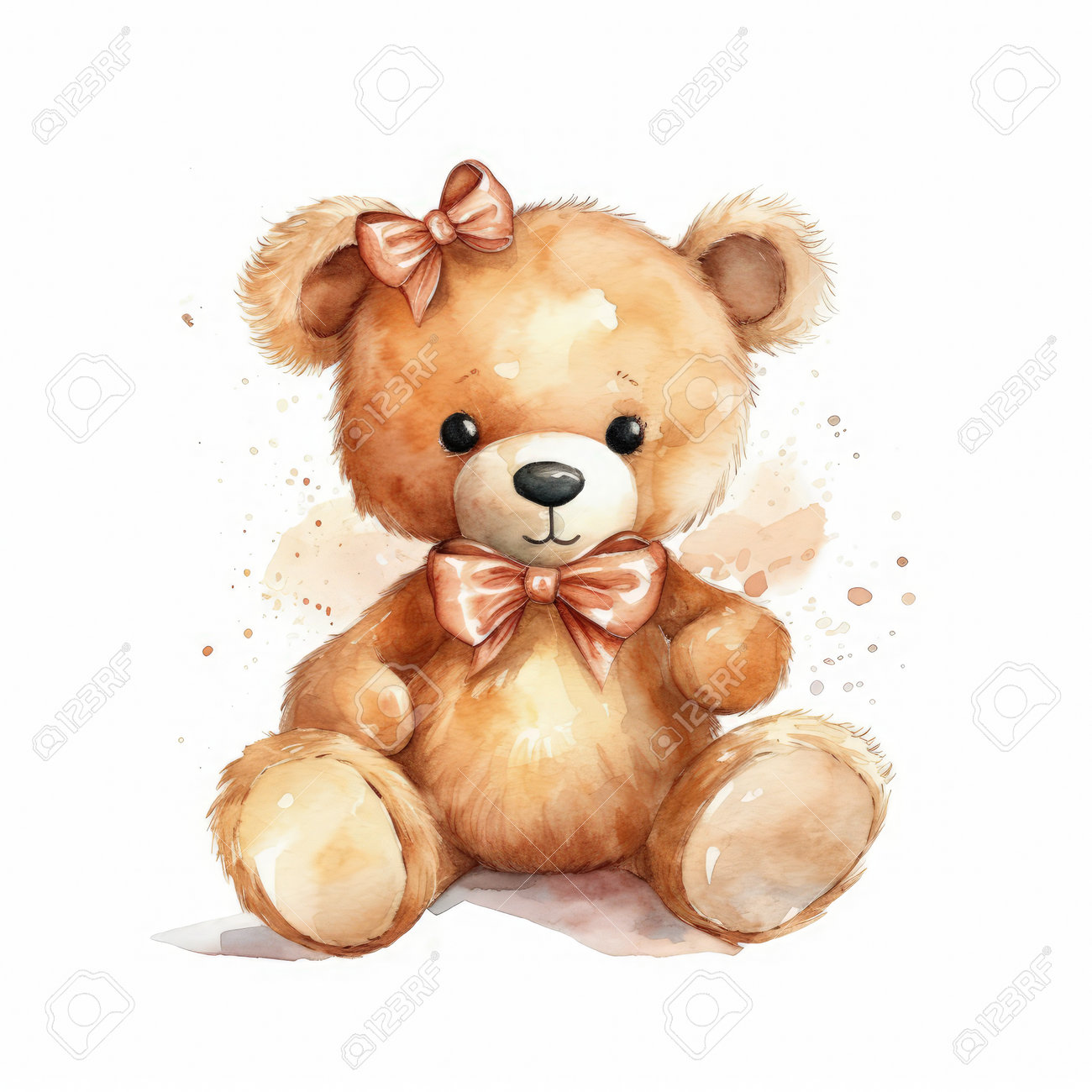 弓を持つかわいいテディベア。水彩イラスト。の写真素材・画像