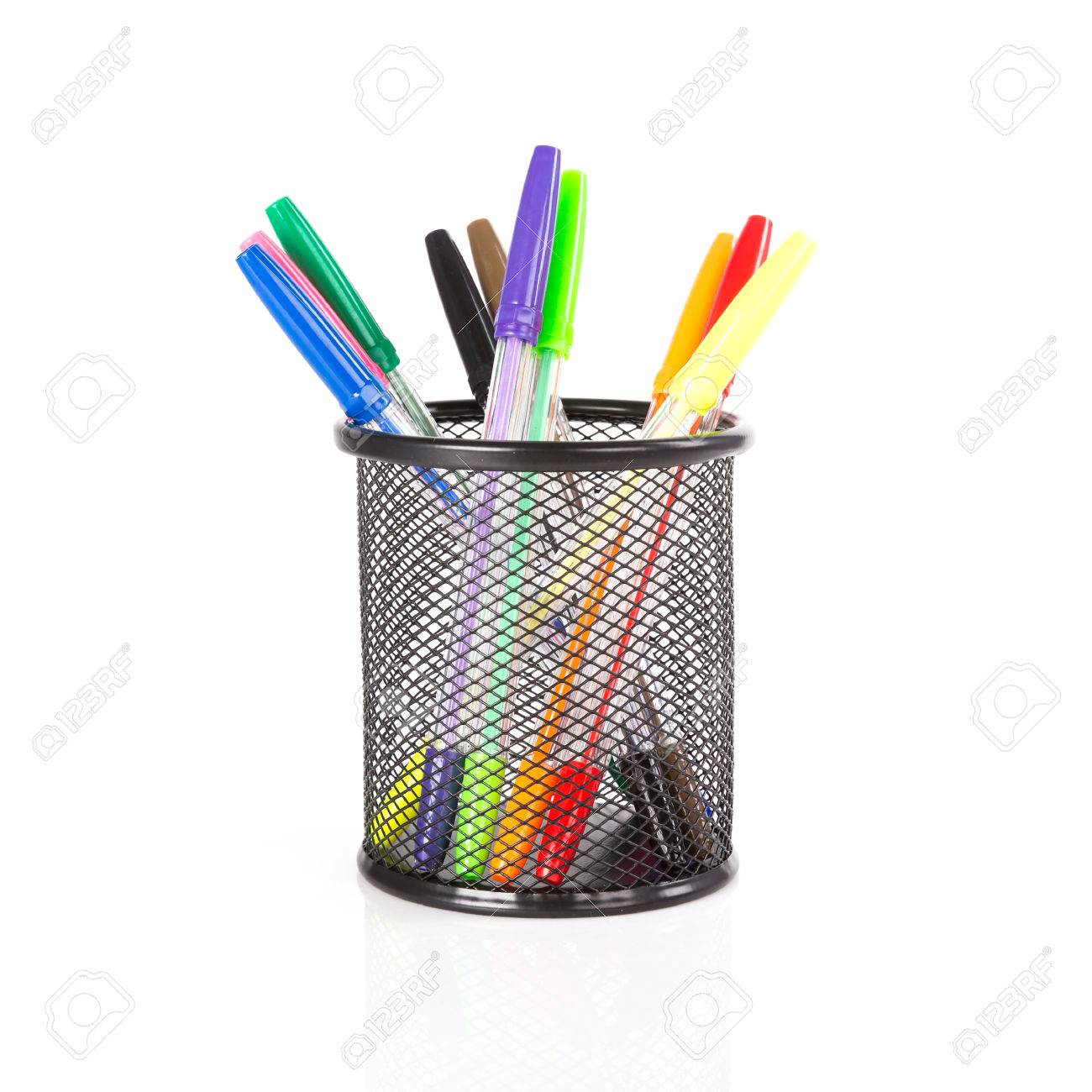 Colorful pencils in a black basket over a white background - 25275800 Colorful pencils in a black basket over a white background - 25275800