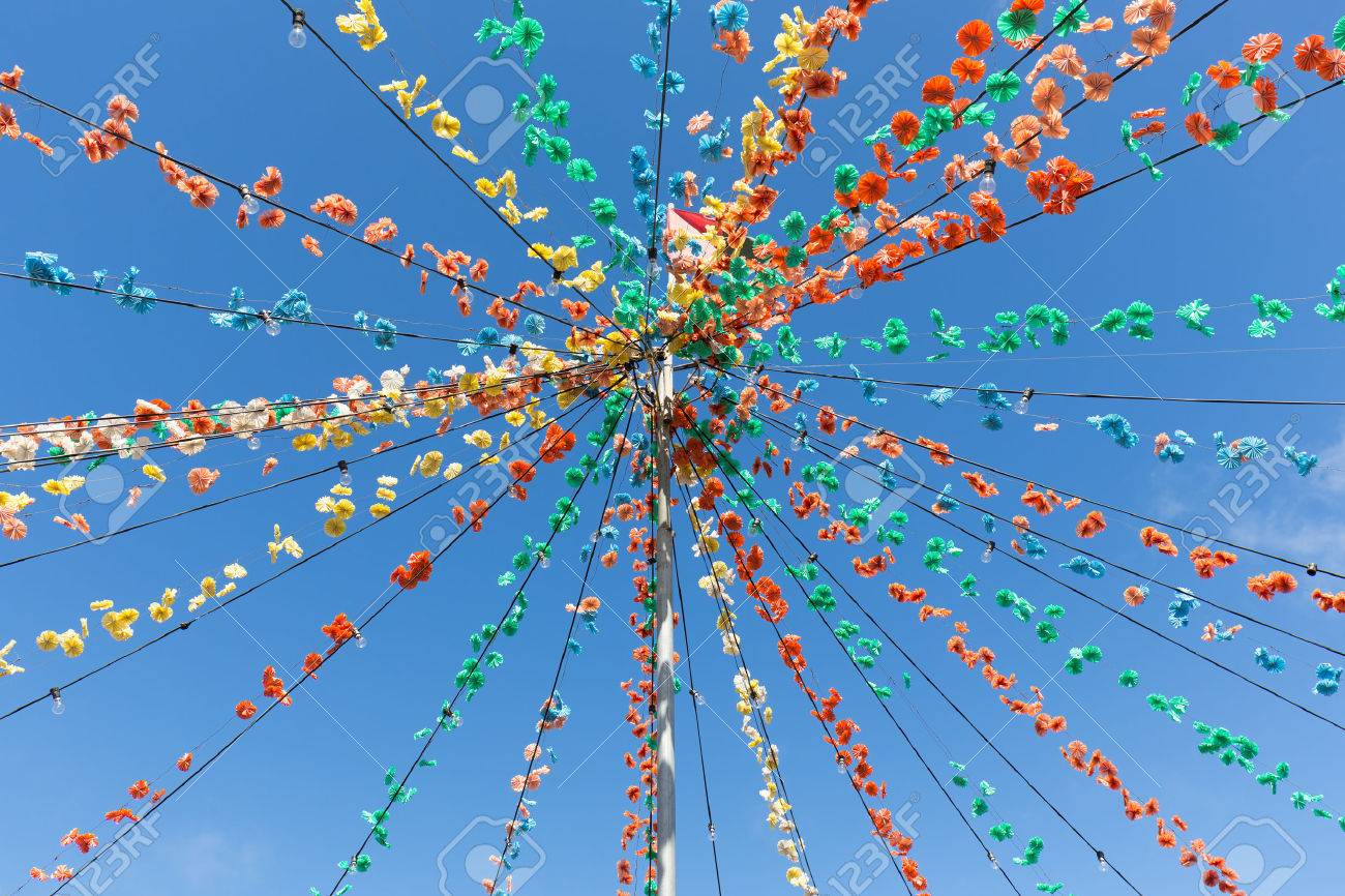 Pole with flower garland decoration at Madeira Island, Portugal - 31050083 Pole with flower garland decoration at Madeira Island, Portugal - 31050083