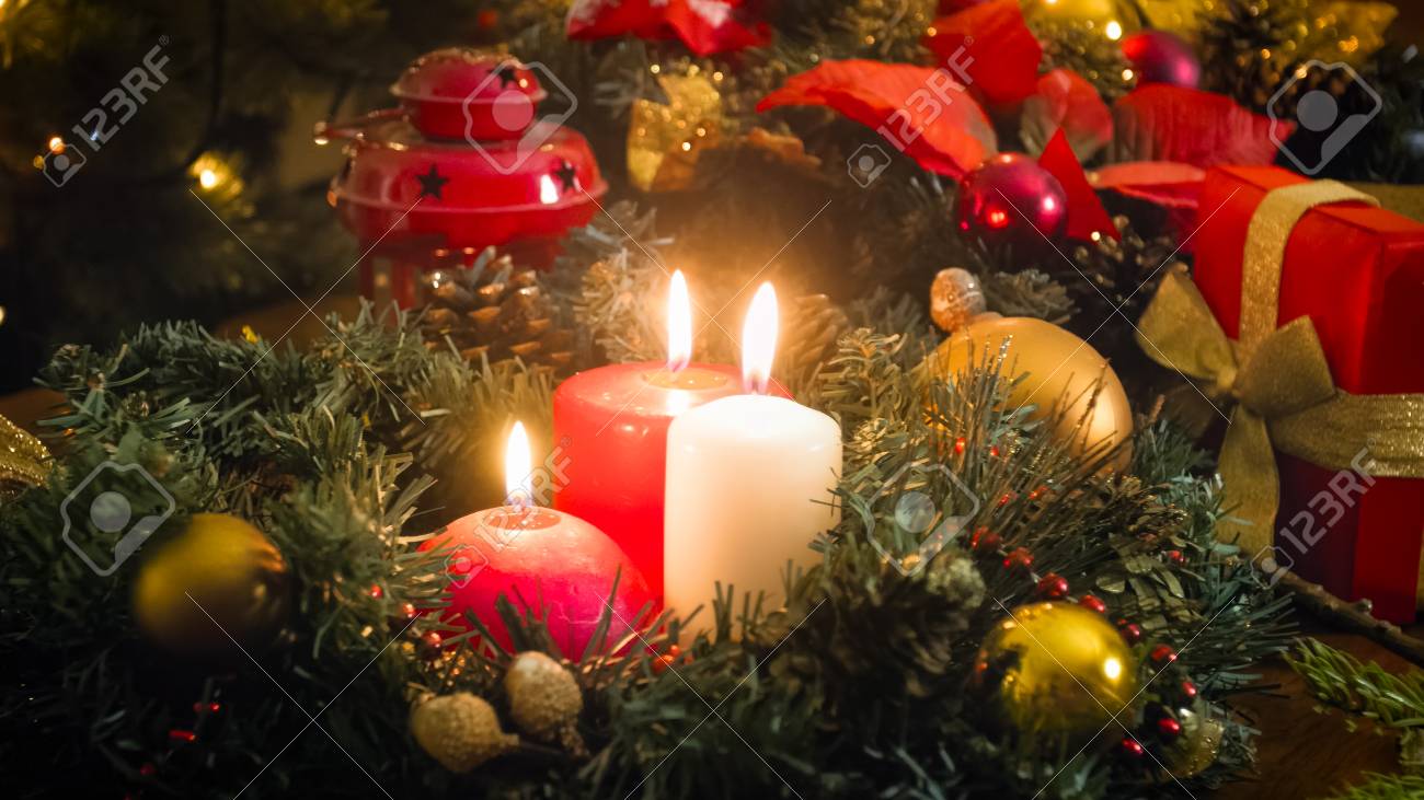 Beautiful Christmas Background With Glowing Candles Gift Boxes Stock Photo Picture And Royalty Free Image Image 87703823