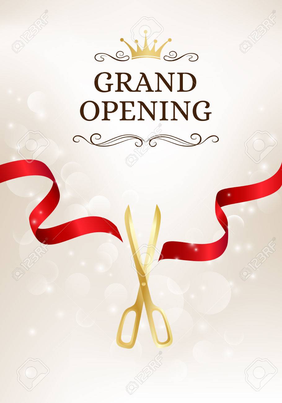 Grand opening banner with cut red ribbon and gold scissors. Vector background with light effect - 62599998 Grand opening banner with cut red ribbon and gold scissors. Vector background with light effect - 62599998