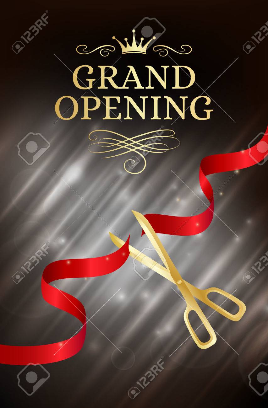 Grand opening banner with cut red ribbon and gold scissors. Dark vector background with light effect - 62600005 Grand opening banner with cut red ribbon and gold scissors. Dark vector background with light effect - 62600005